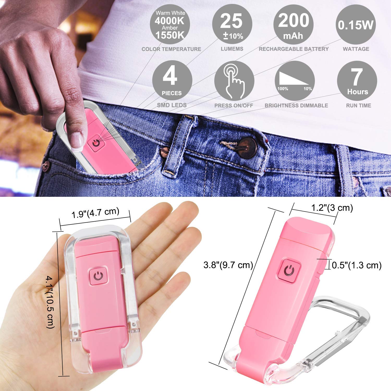 Rechargeable LED Book Light with Dimmable Warm White & Amber Modes – USB-Powered Clip-On Reading Lamp for Books, Sheet Music & Travel (Pink) — image 5