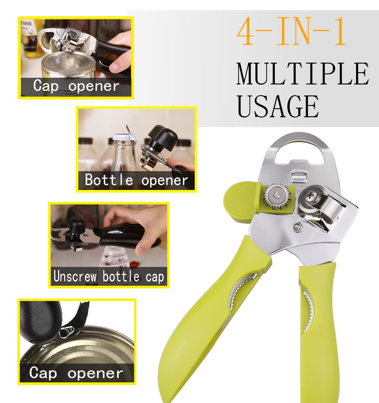 4-in-1 Stainless Steel Can Opener, Hand-Held Can Opener, Multifunctional, Sharp Blade, Labor-saving Handle, Easy To Grasp Green โ image 5