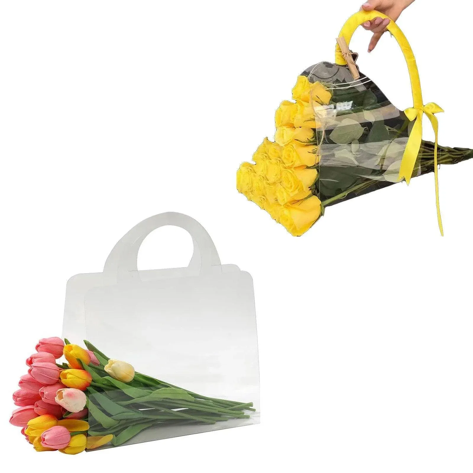10pcs Transparent Flower Handbags Clear PET Bouquet Holder Gift Bags for Events - Love โ image 3