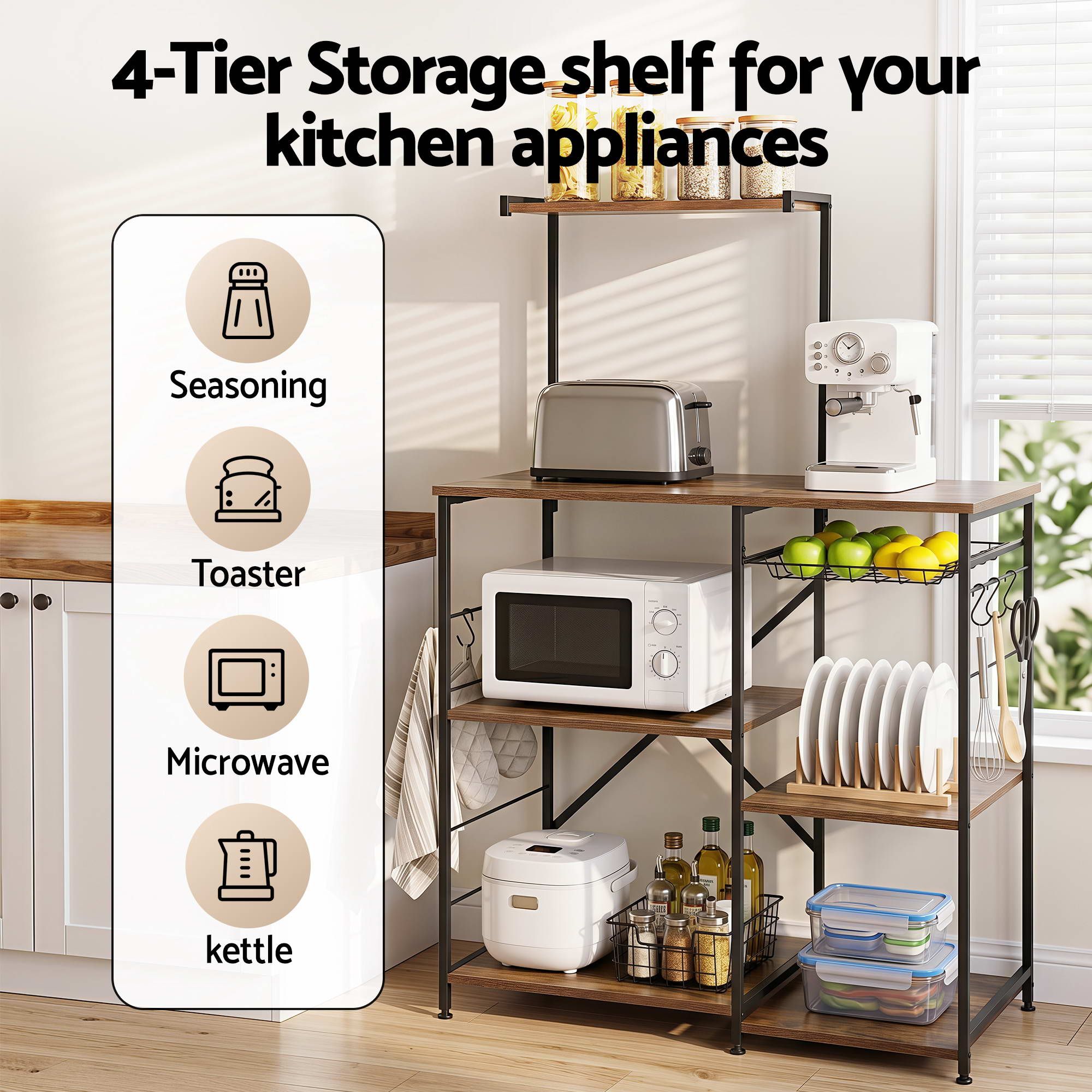 Artiss 4-Tier Kitchen Rack with Pull Out Basket 6 Hooks Microwave Storage Shelf โ image 5