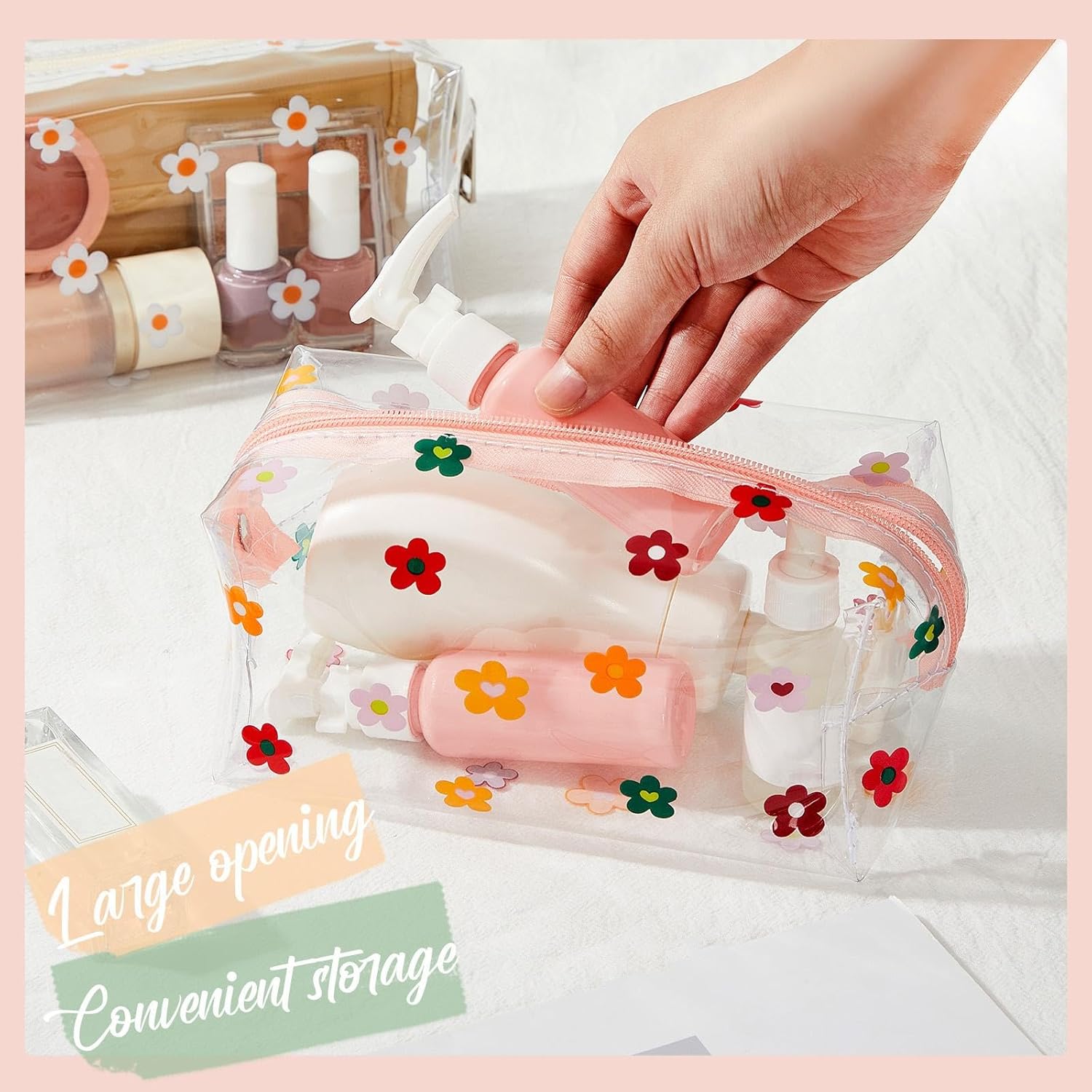 Amylove 2 Pack Cute Flower Makeup Bags Daisy Zipper Pouches Floral Pencil Pouch Portable Toiletry Pouches for Women Travel Vacation Bathroom School โ image 3