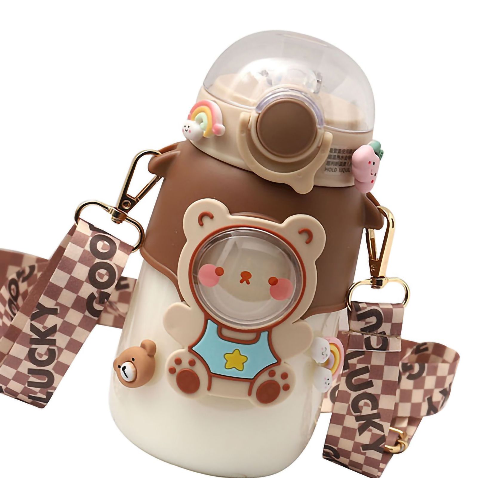 Soft Straw Drinking Cup Portable Plastic Sippy Cup Cartoon Pattern Water Bottle with Strap Brown — image 3