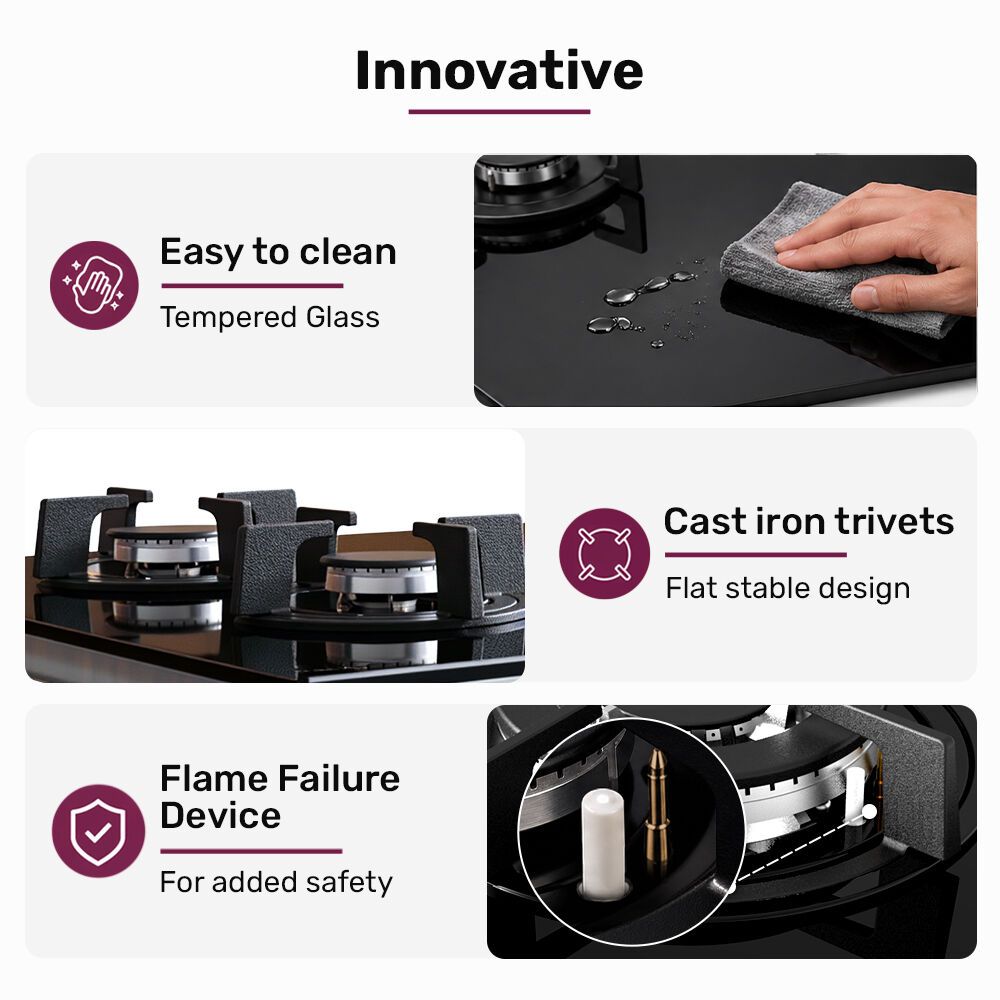 EUROCHEF 60cm 4 Burner Gas Cooktop, with Wok Burner, Tempered Glass, Natural Gas & LPG, Black — image 6