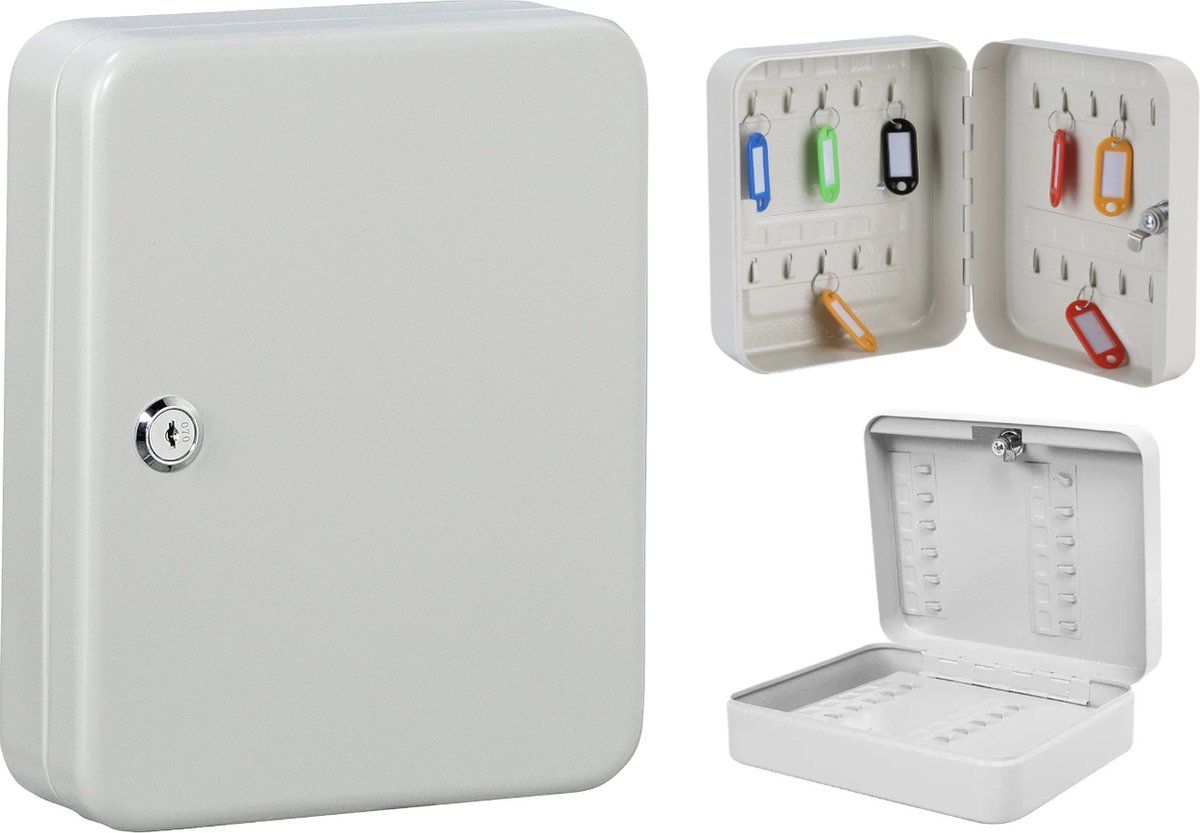 20-Hook White Locking Key Cabinet with Security Cylinder Lock
