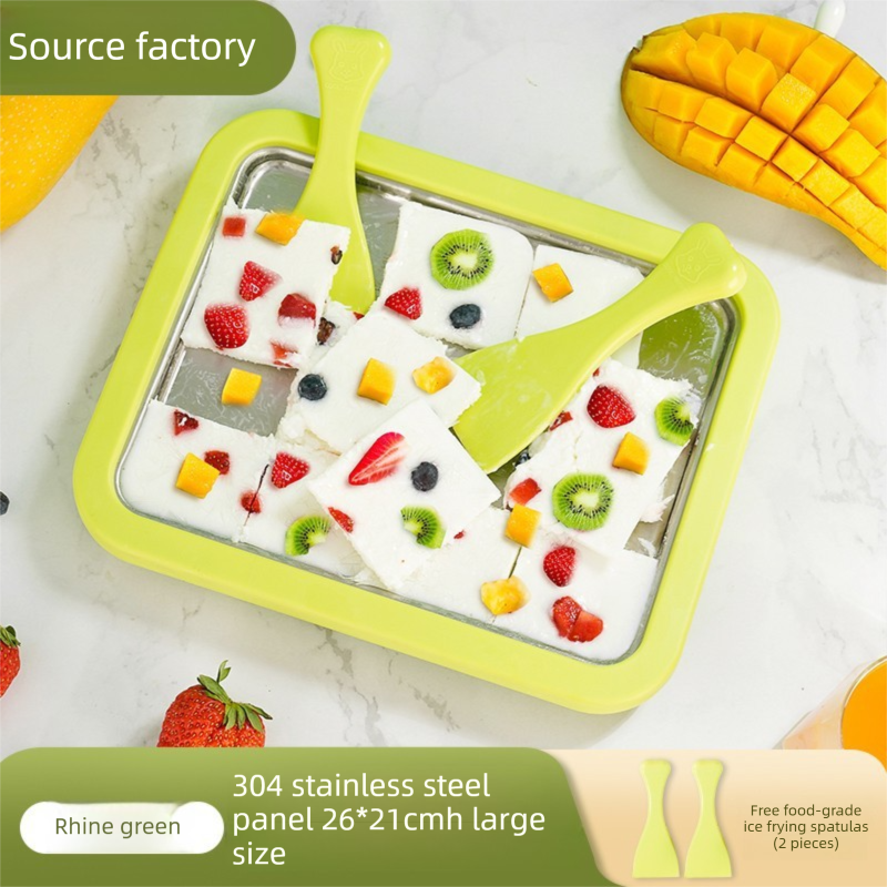 Green DIY Rolled Ice Cream Maker Pan Instant Frozen Yoghurt & Sorbet Tray 304 Stainless Steel No Electricity Required with Spatulas — image 5