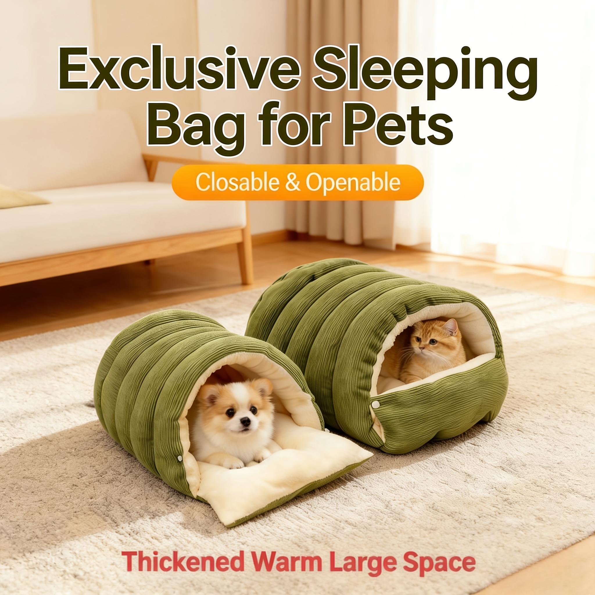 High-Elasticity Warm Cat Bed: 45×30×19cm Wrapped Design, Striped Fleece + Arctic Fleece Heat Retention, Removable & Washable(light GREEN) — image 3