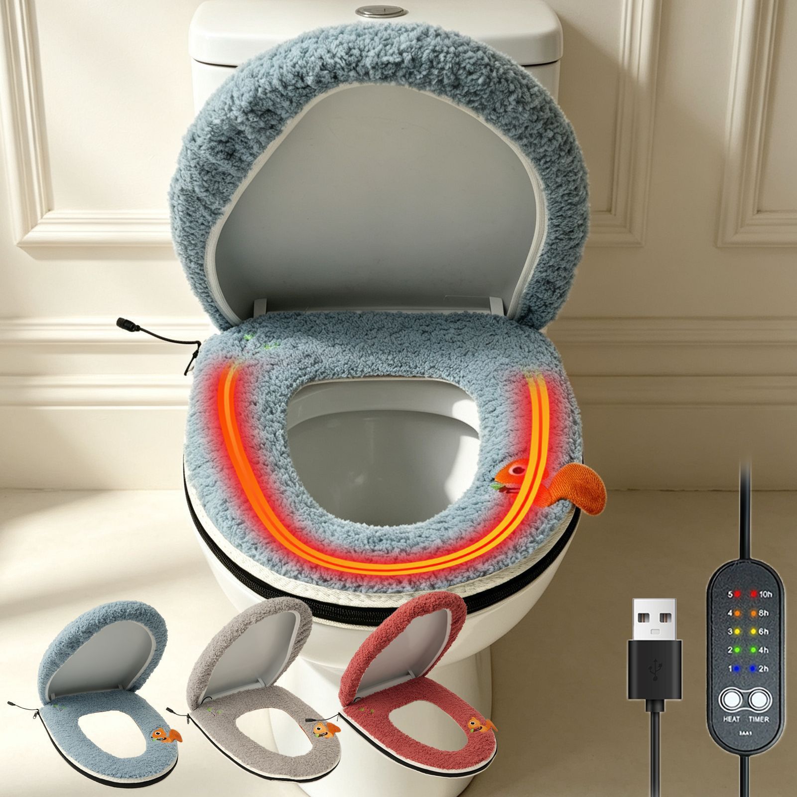 USB-Powered Heated Toilet Seat Cover Set with Soft Plush Fabric, Adjustable Temperature & Timer, Easy-to-Clean PU Leather Bottom — image 3