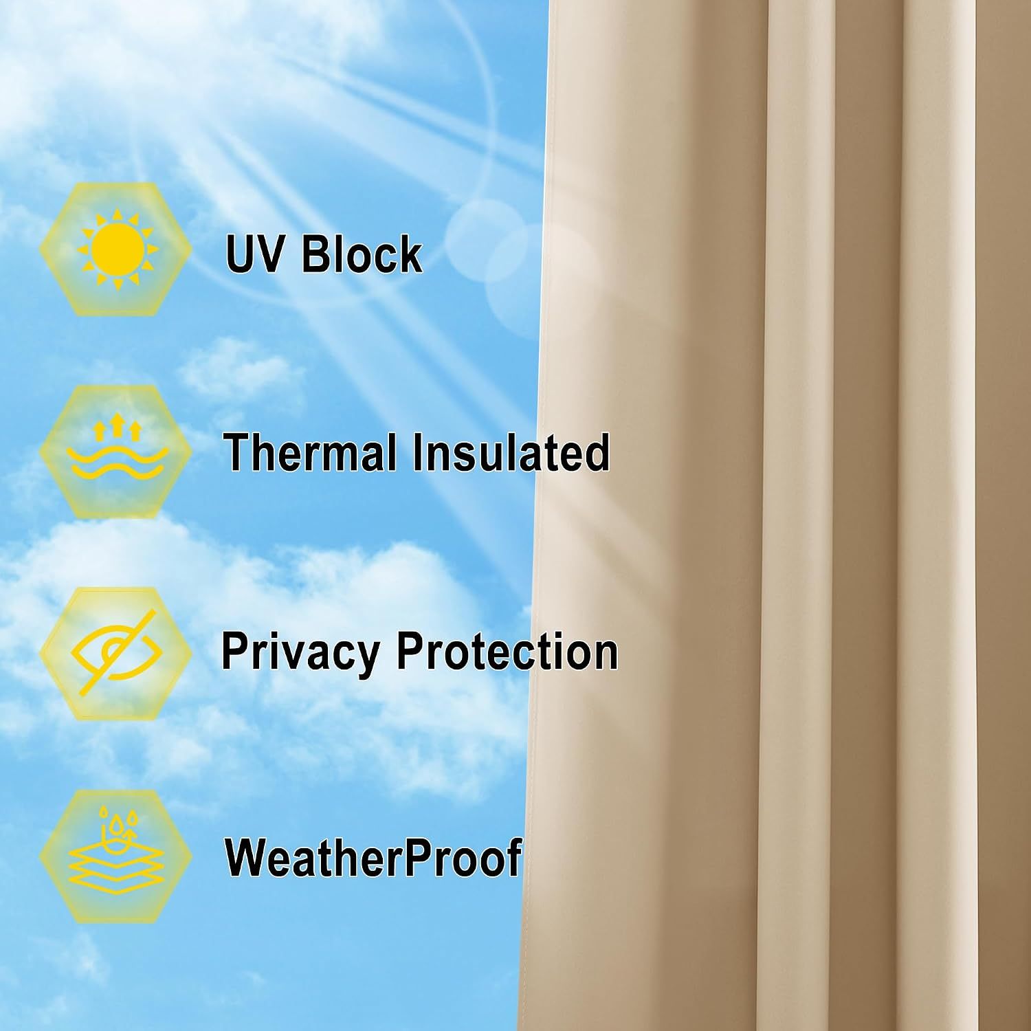Waterproof Outdoor Patio Curtain, Blackout Gazebo Drape for Pergola, Porch and Privacy Screening, Single Panel, Biscotti Beige, 132 x 241 cm — image 6