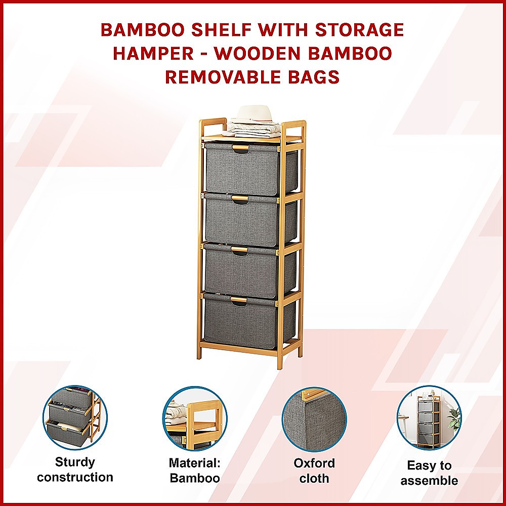 Bamboo Shelf with Storage Hamper – Wooden Organiser with 4 Laundry Bags — image 2