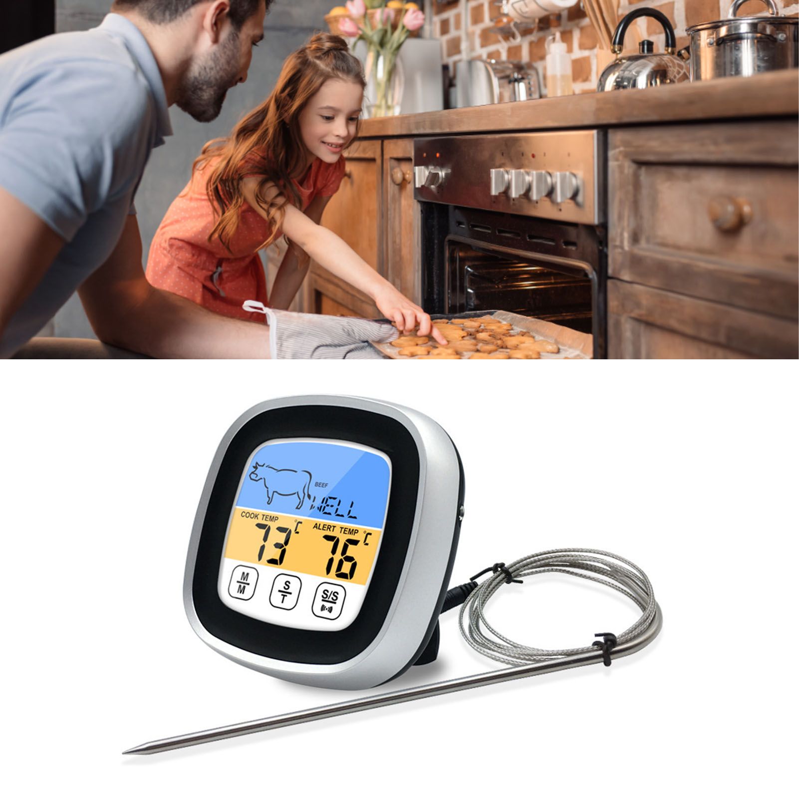 Digital Timer Thermometer Touch Screen Stainless Steel Meat Thermometer for Kitchen BBQ Black — image 6