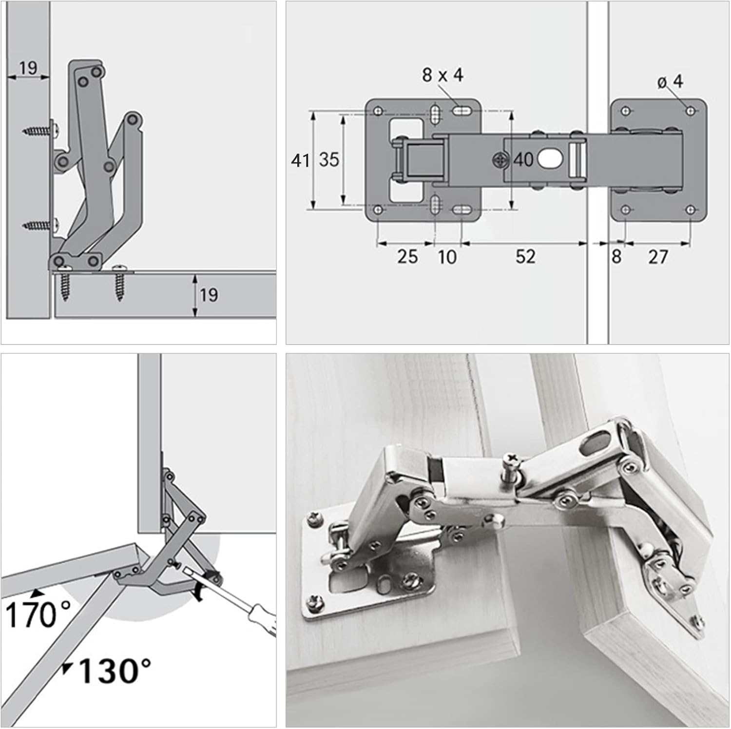 Spring-loaded hinge, 170 degrees, for kitchen cabinets, door hinges, large angle door hinges, angle stop, self-closing hinge, 4 pieces, improved version with โ image 5