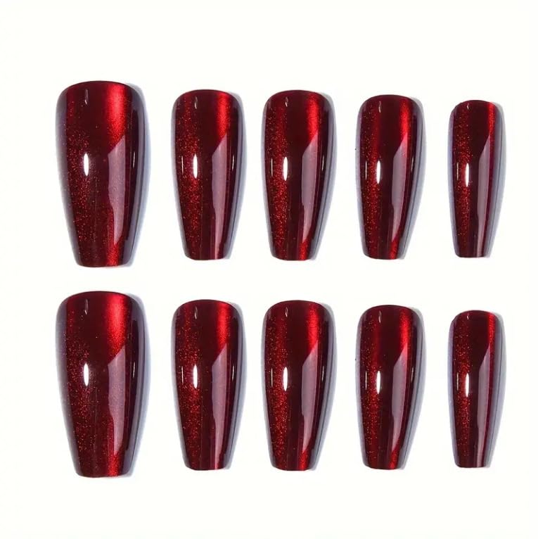 Red Press on Nails Coffin Shape Fake Nails Long False Nails with Cat Eye Design Glitter Glue on Nails for Women 24PCS 522 red 0.04 Fl Oz (Pack of 24) — image 3