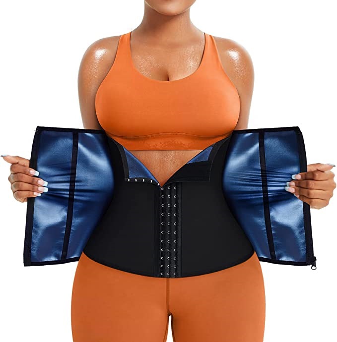 Blue Silver Ion Sauna Waist Trainer for Women(Size M) - 2-in-1 Zipper and Hook/Eye Sweat-Wicking Sports Girdle, Postpartum Fitness Shapewear