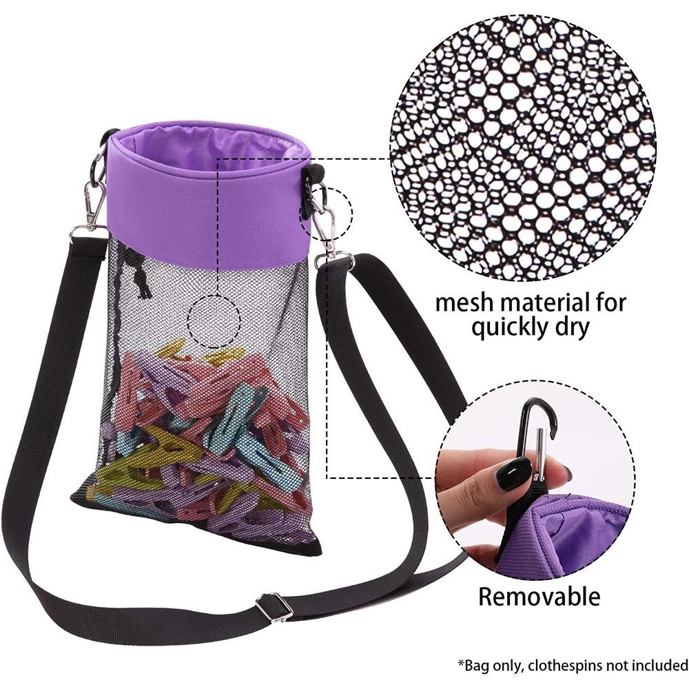 Hanging Clothespin Storage Bag with Drawstring Closure, Quick-Dry Mesh Organizer for Laundry Room, Adjustable Strap for Line Drying, Portable Clip — image 3