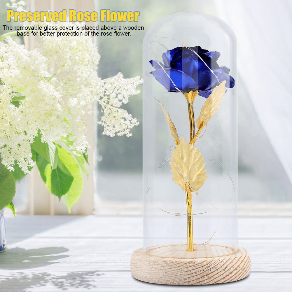 Preserved Rose Flower LED Light with Glass Cover Wooden Base Valentines'Day Wedding Blue — image 3