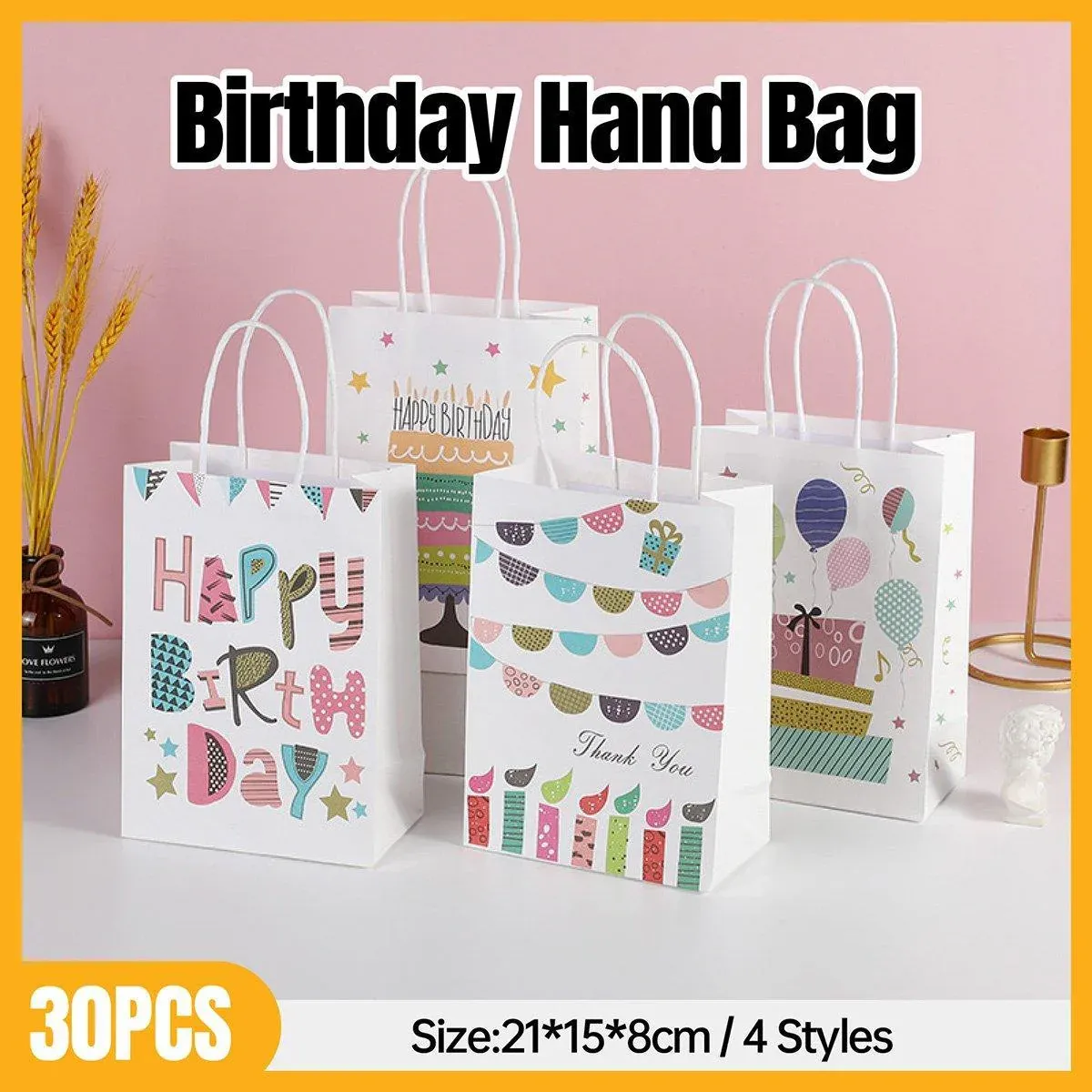 30X Premium Kraft Paper Tote Bag Durable Stylish High Capacity Birthday Gift Handbag - Cake-30pcs — image 2