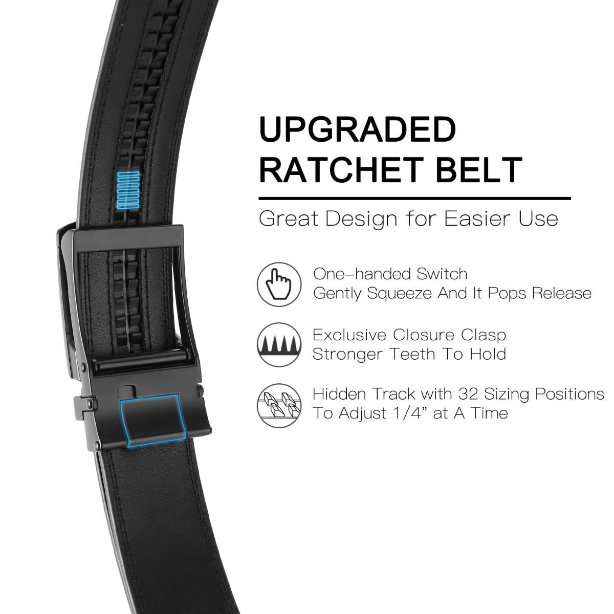 Ratchet Belt for Men Genuine Leather - Micro-Adjust Buckle Trim to Fit Dress Belt Casual to Formal Gift Boxed - Basic Black - Size 34"-40" Waist Adjustable — image 4