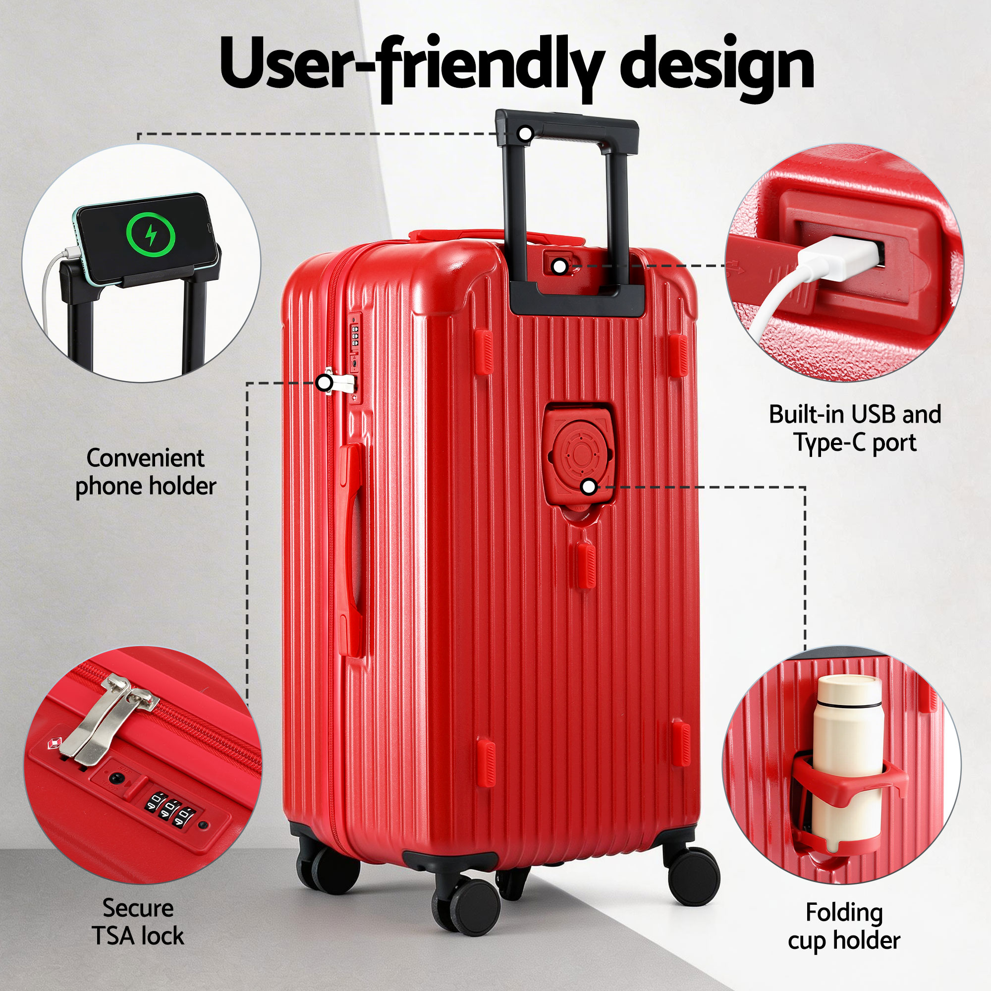 Wanderlite 28" Trunk Luggage Suitcase Travel 5 Wheels Type-C Port TSA Red — image 5