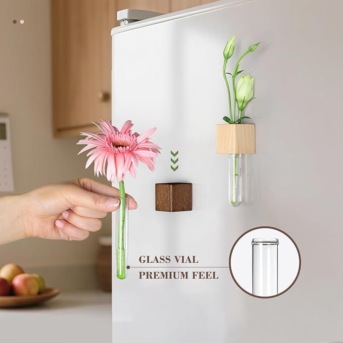 Magnetic Test Tube Flower Vases for Refrigerator, Set of 2 Wooden Fridge Magnet Planters with Glass Tubes – Light & Dark Wood Color, Propagation Station for — image 4