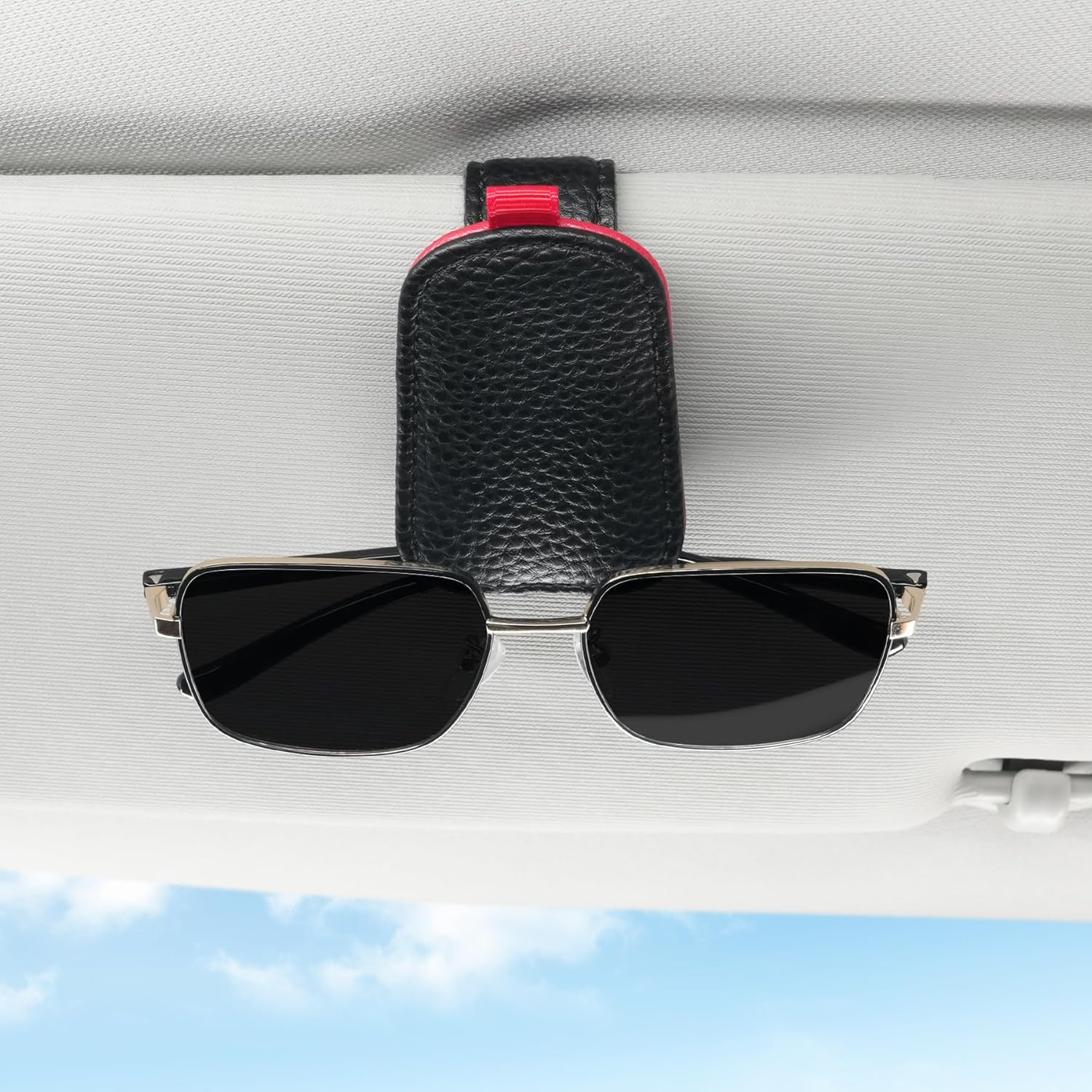 Sunglasses Holder for Car, Leather Magnetic Buckle Sun Visor Sunglass Clip, Ticket Card Storage Glasses Car Interior Accessories Men and Women(Black-red) — image 4