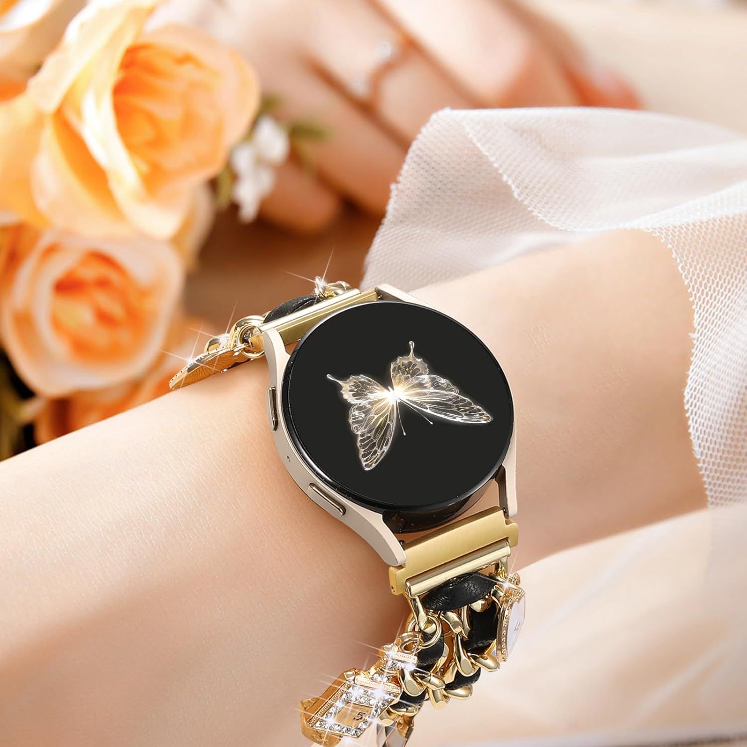 Flower Engraved Band and Stylish Metal Strap Compatible with Samsung Galaxy Watch 7 Band/FE 6 5 4 40mm 44mm, Galaxy Active 2, 20mm Watch Pretty Strap — image 3