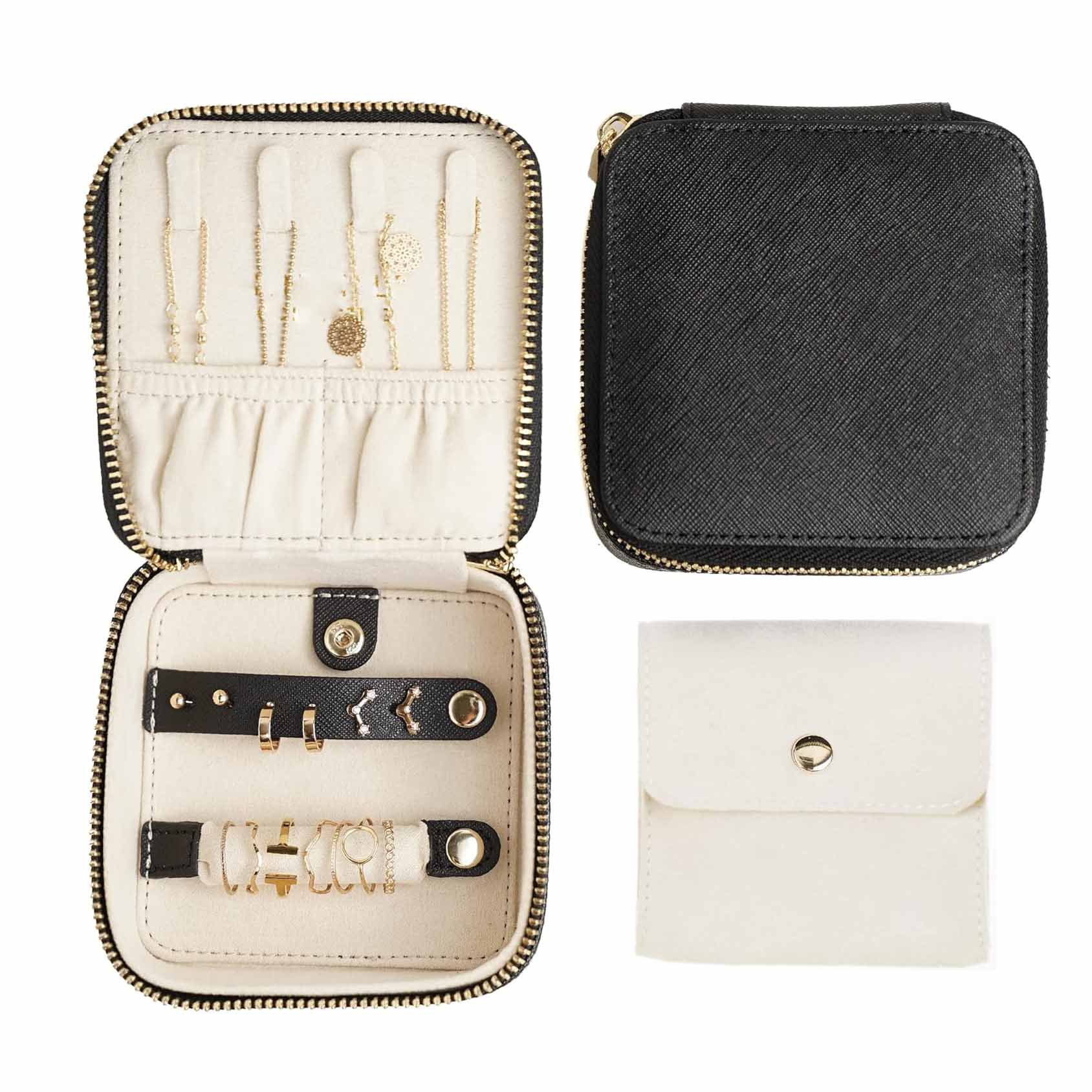 Black "Small But Mighty" Leather Jewelry Box - Portable Organizer for Earrings, Necklaces, Rings & More (4 × 4 × 2 inches)