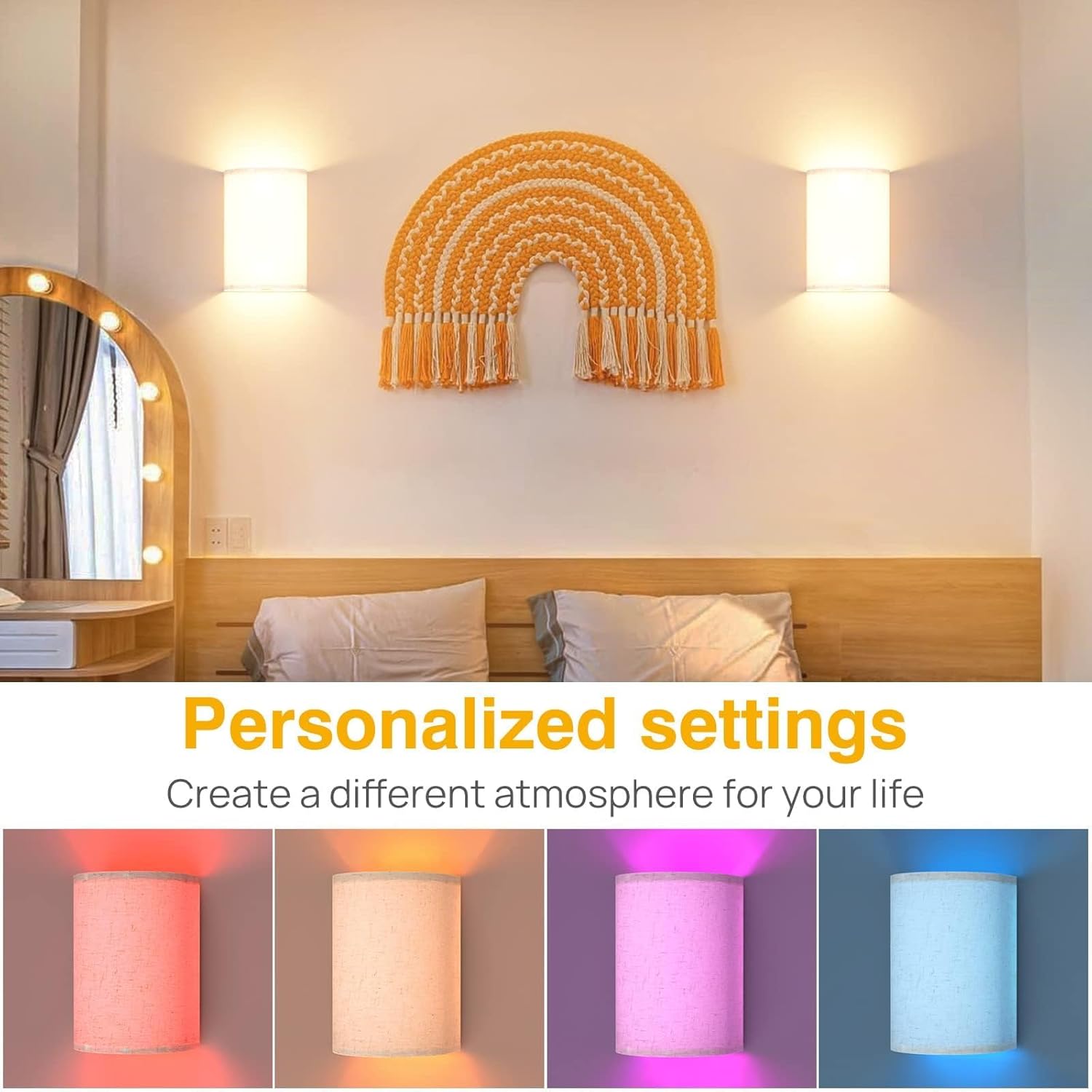 Wall Lights Set of 2, Battery Operated Fabric Sconce with Remote, LED Lamps in RGB+Warm White, Dimmable Timer for Bedroom and Living Room Lighting โ image 2