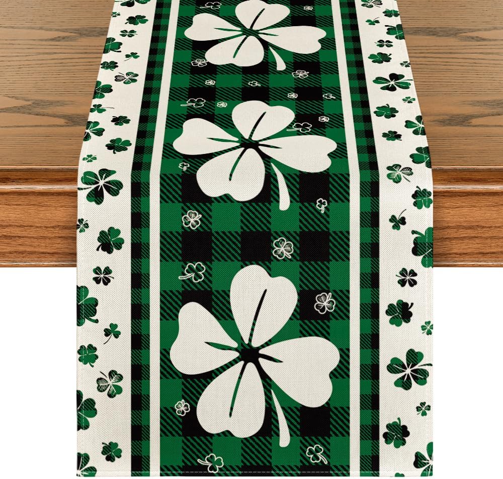 Green Clover Buffalo Plaid Shamrocks St. Patrick's Day Table Runner, Seasonal Kitchen Dining Table Decoration for Indoor Home Party 13 × 72 Inch