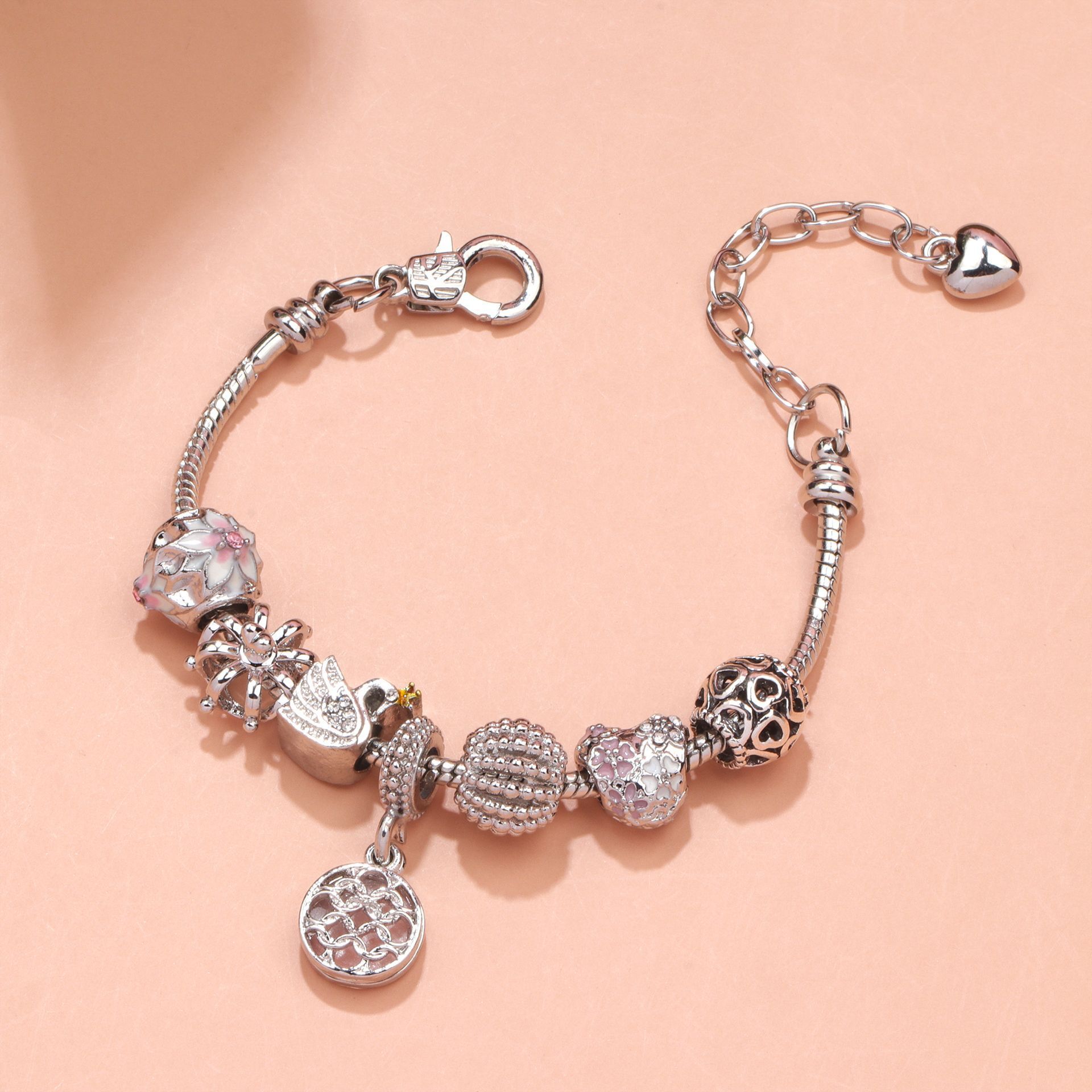 Hollow Crystal-Encrusted Swan Crown Flower Heart Bracelet(silver,18cm) โ image 4