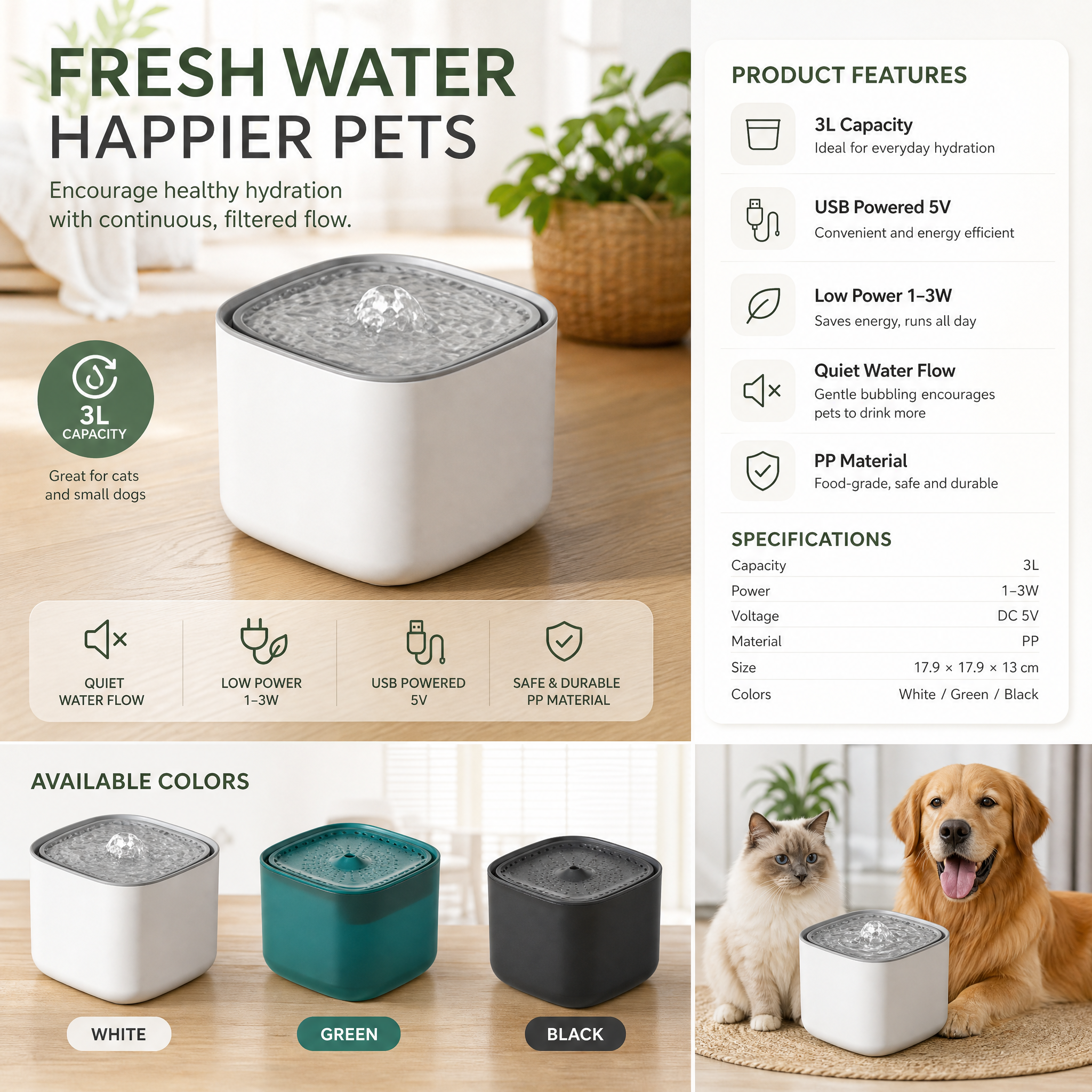 Green 3L/101oz Automatic Cat Water Fountain,6 Filter Included, Pet Water Dispenser with USB Wired Power, Detachable Design, Ultra-Quiet Pump (≤30dB), 3-Stage — image 4