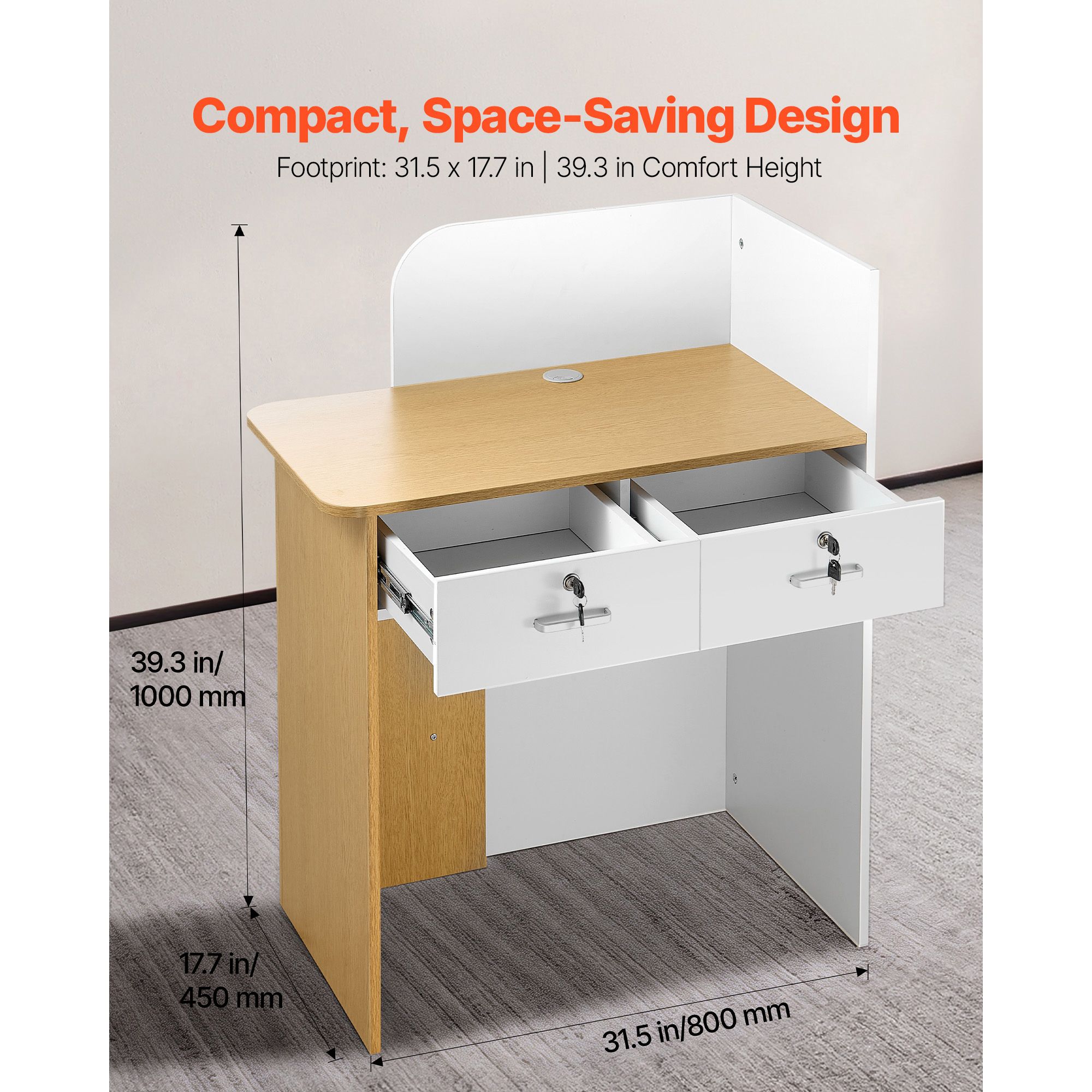 Reception Desk, 80 cm Rectangular Front Counter Table, Modern Office Reception Desk with LED Light, 2 Drawers & Power Outlets, Retail Counter Table for — image 3
