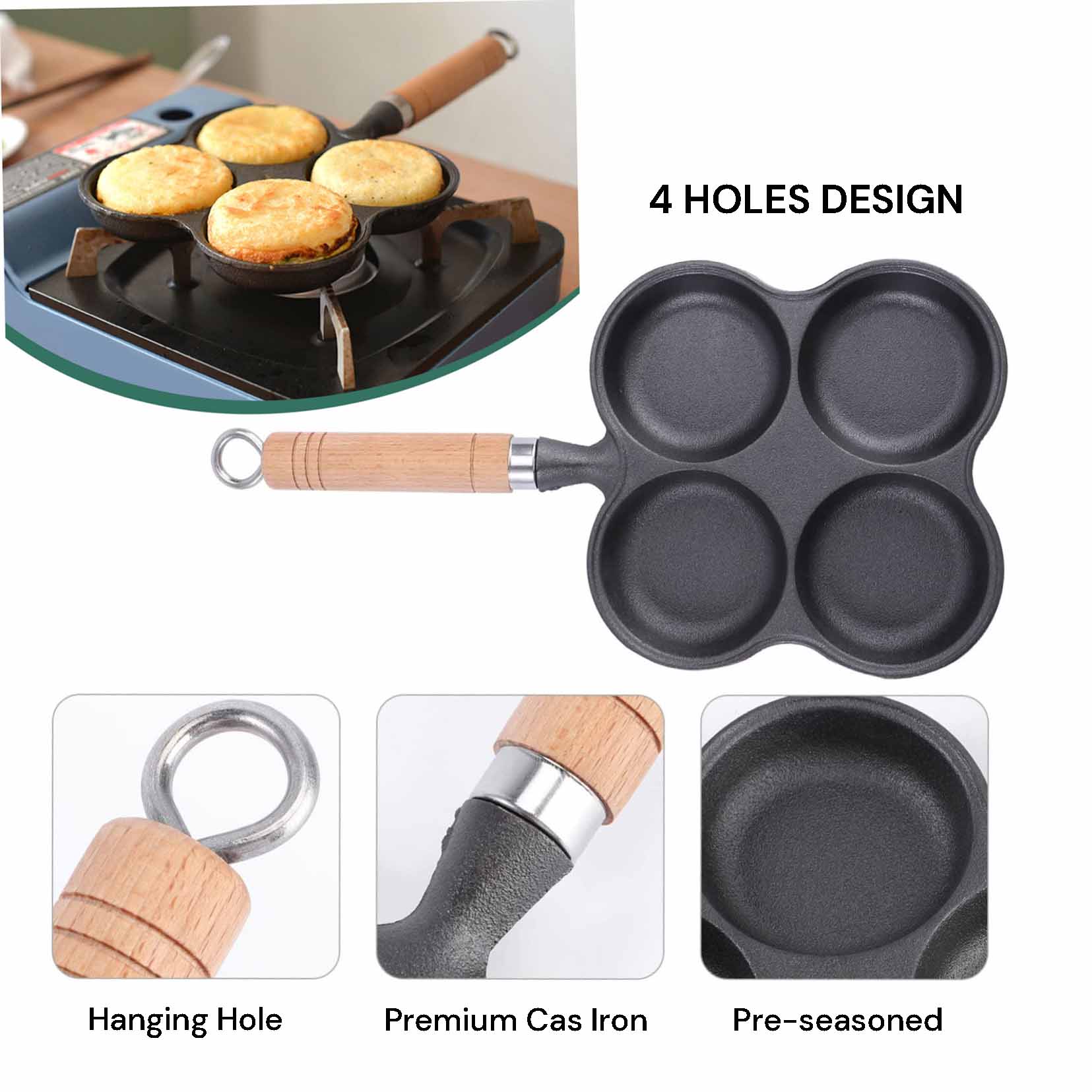 4 Cup Cast Iron Egg Frying Pan Divided Egg Skillet Pan Fried Egg Pan Cooker Pancake Egg Fryer โ image 5