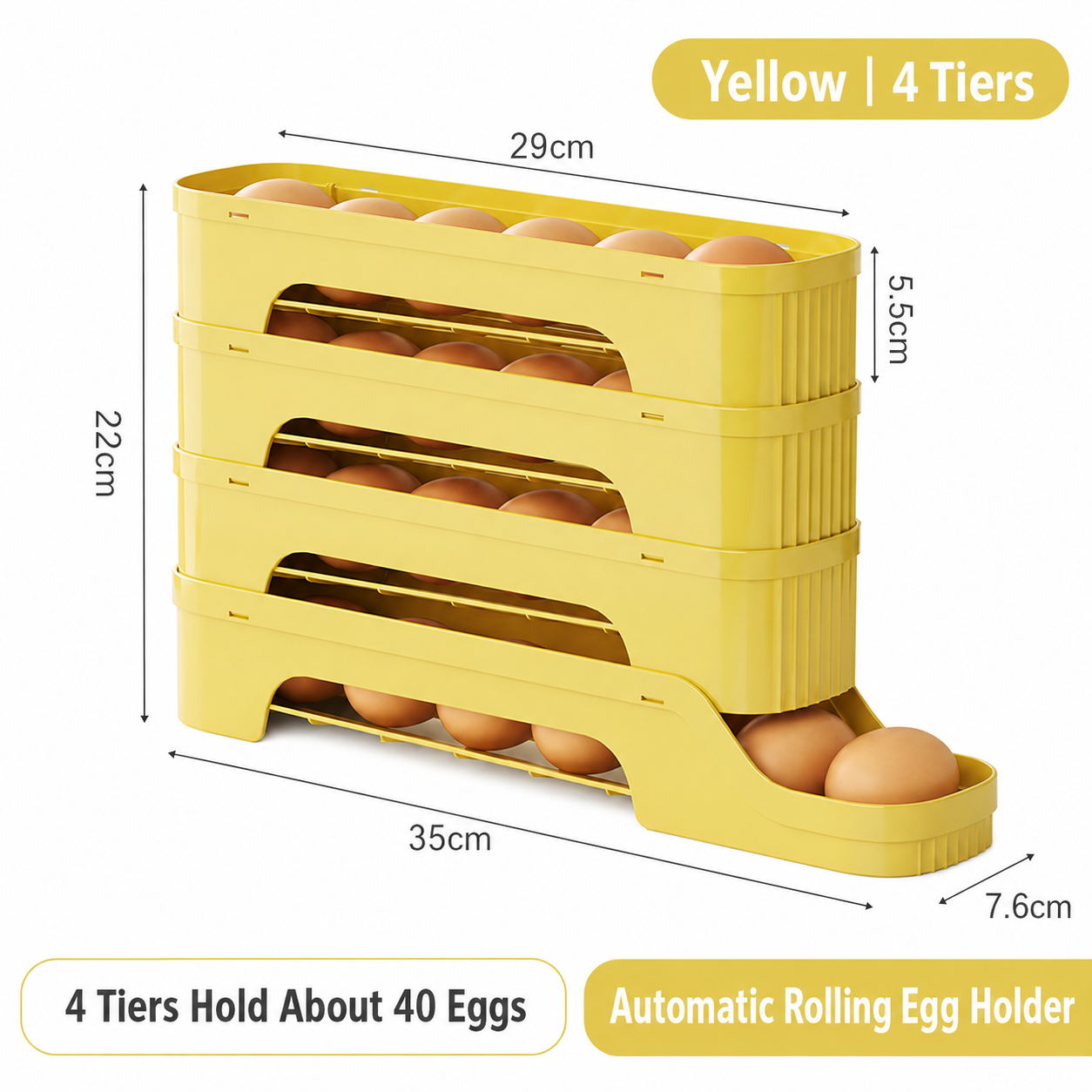 4-Tier Yellow Rolling Egg Storage Box - Grade PP Plastic - Automatic Dispensing, Space Saving Fridge Organizer, Detachable Design for Kitchen and
