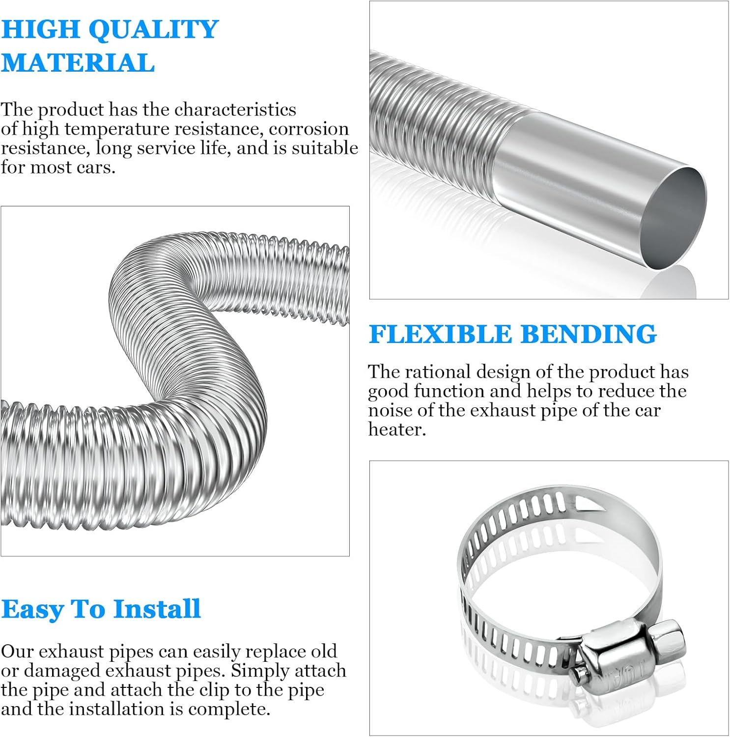 Air heater hose, 300 cm ร 2.5 cm stainless steel exhaust pipe, parking heater pipe with 2 hose clamps โ image 4