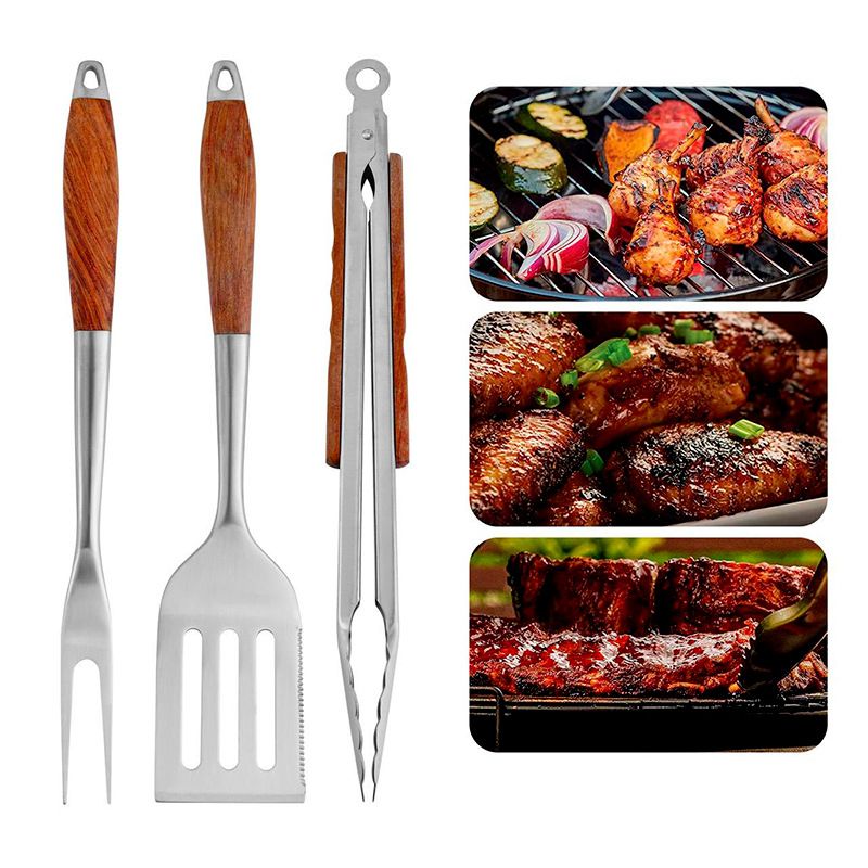 Heavy-Duty Rose Wooden BBQ Grilling Tools Set. Extra Thick Stainless Steel Multi-Function Spatula, Fork & Tongs