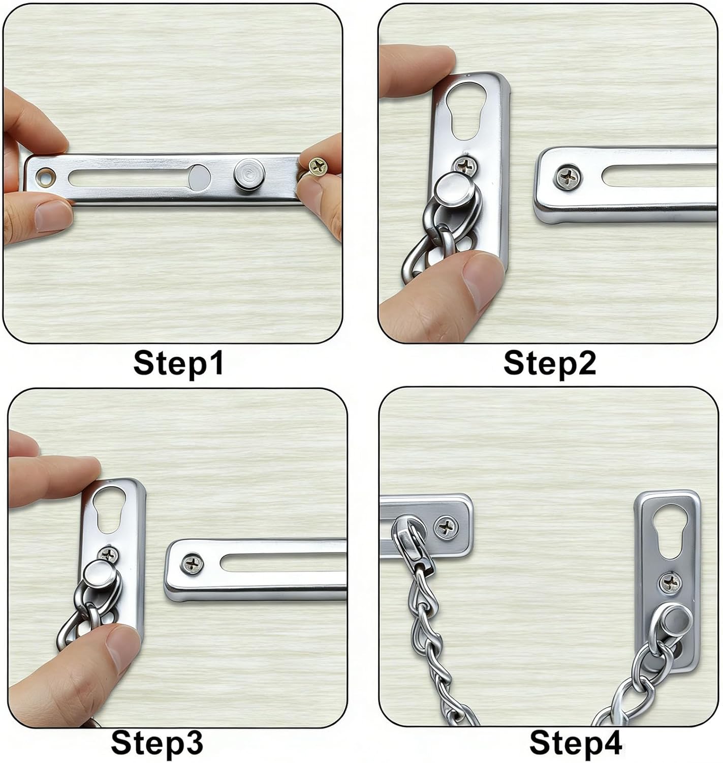 Heavy Duty Door Chain Lock with Mounting Screws, Stainless Steel Door Chain Guard for Front Doors, Pet Safe (Silver, 2 Pack) — image 4