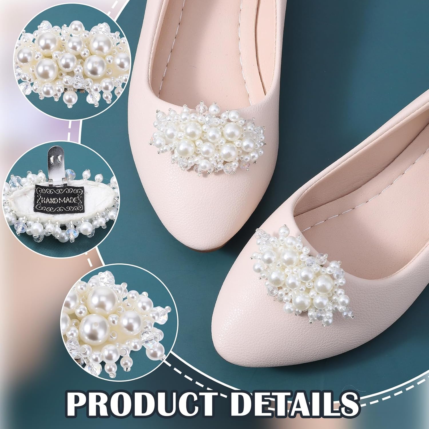 2Pcs Pearl Flower Shoe Clips for Women Dress Shoes, 1.57 x 2.76" White Bridal Wedding Floral Shoes Clips Charms with Crystal Beads Detachable Flower Shoe โ image 2