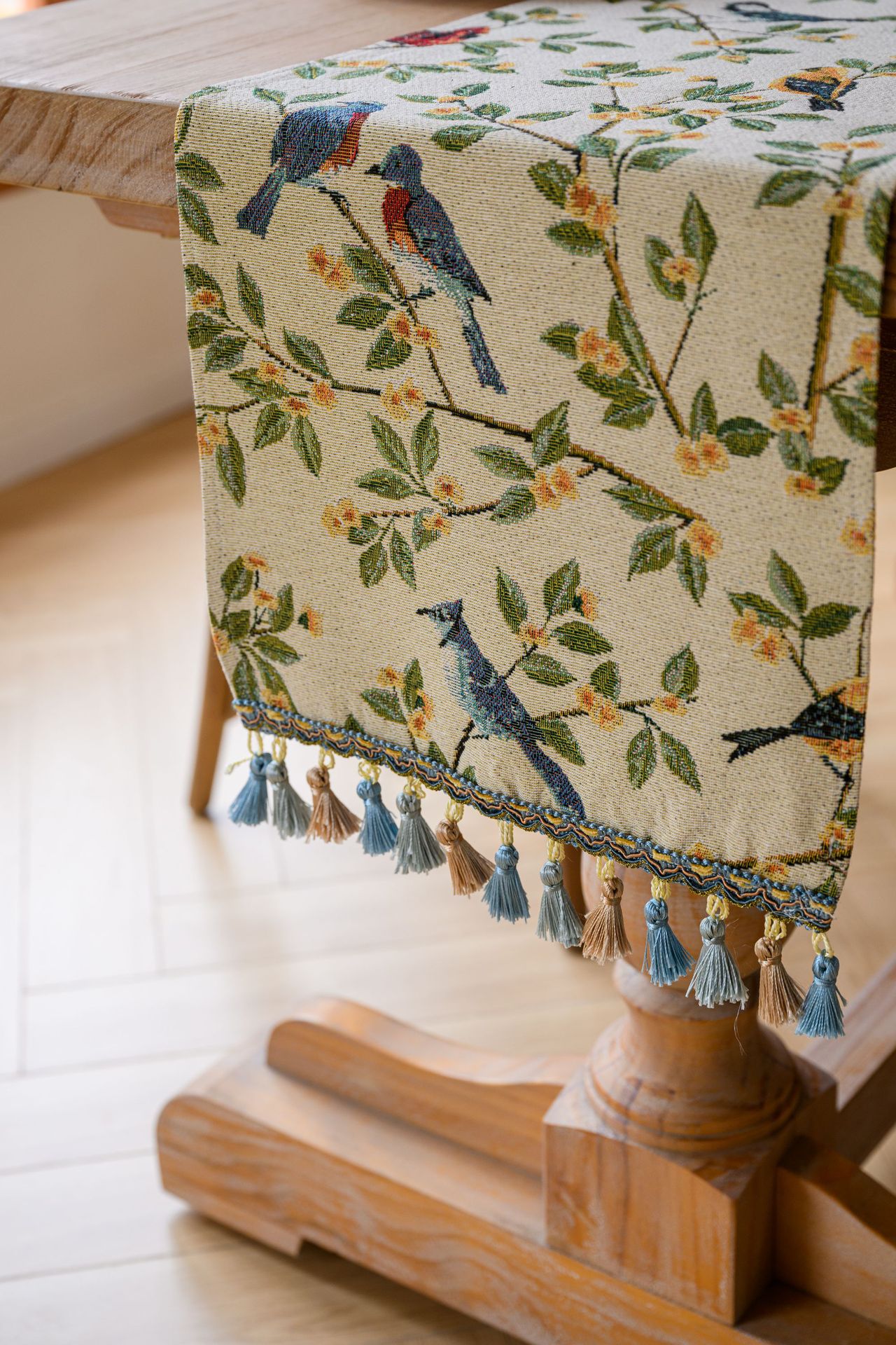 Birds & Branch Table Runner - Jacquard Woven Beige with Tassels(33 × 200CM) — image 5
