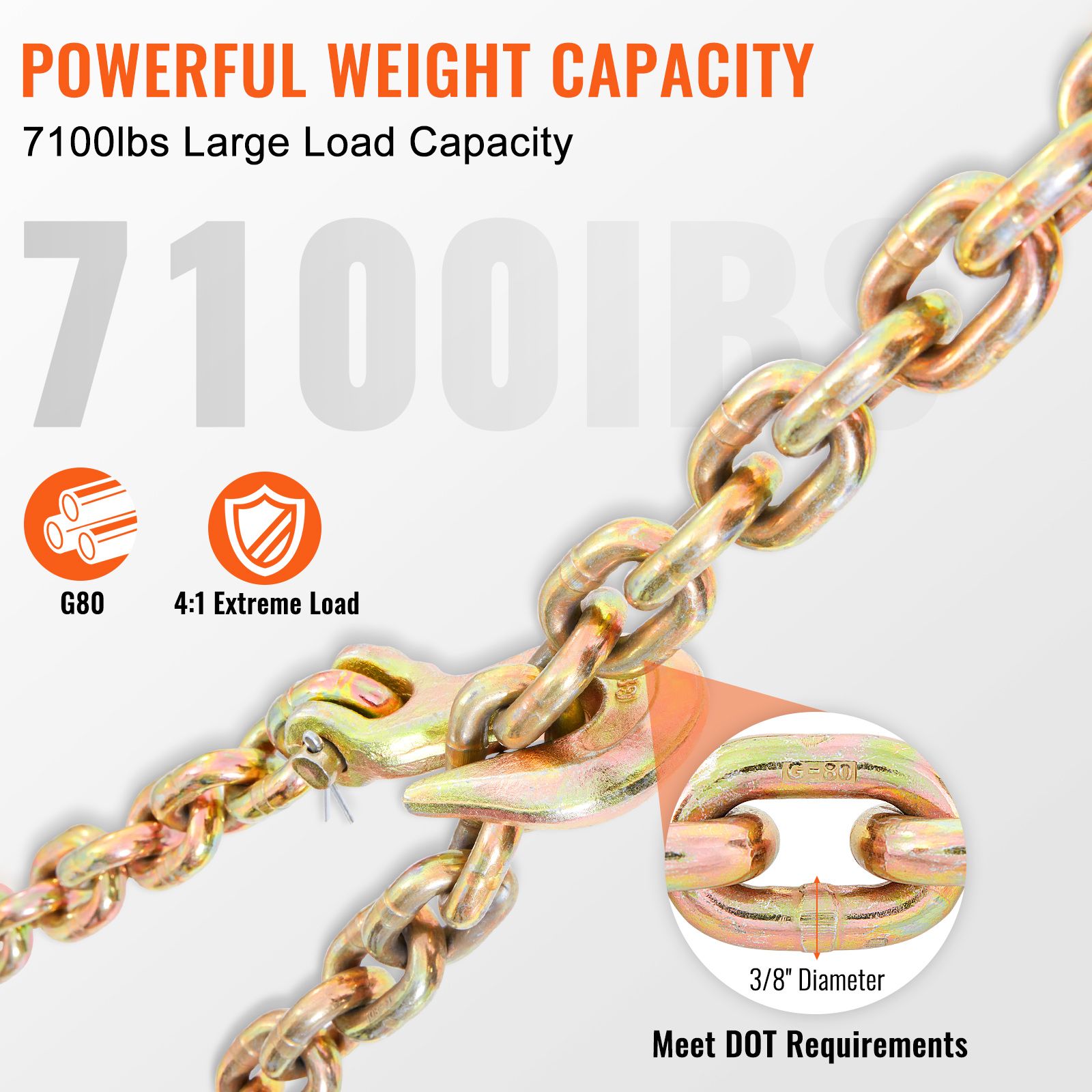 Transport Binder Chain, 3220 kg Working Load Limit, 3/8''x20' G80 Tow Chain Tie Down with Grab Hooks, DOT Certified, Galvanized Coating Manganese Steel for โ image 3