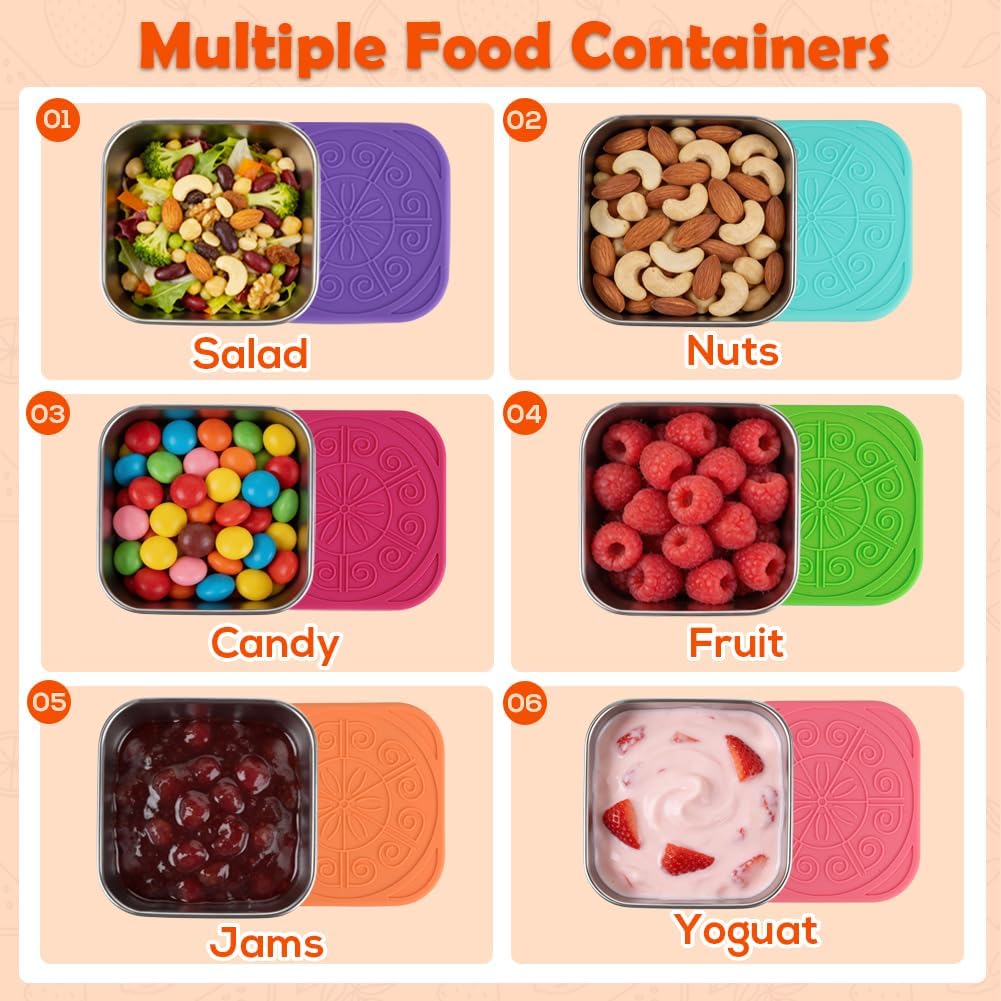 YQL 6-Pack 6oz Square Stainless Steel Snack Containers – Leakproof Metal Food Storage with Colorful Silicone Lids, Reusable Small Boxes for Travel & Meal Prep — image 4
