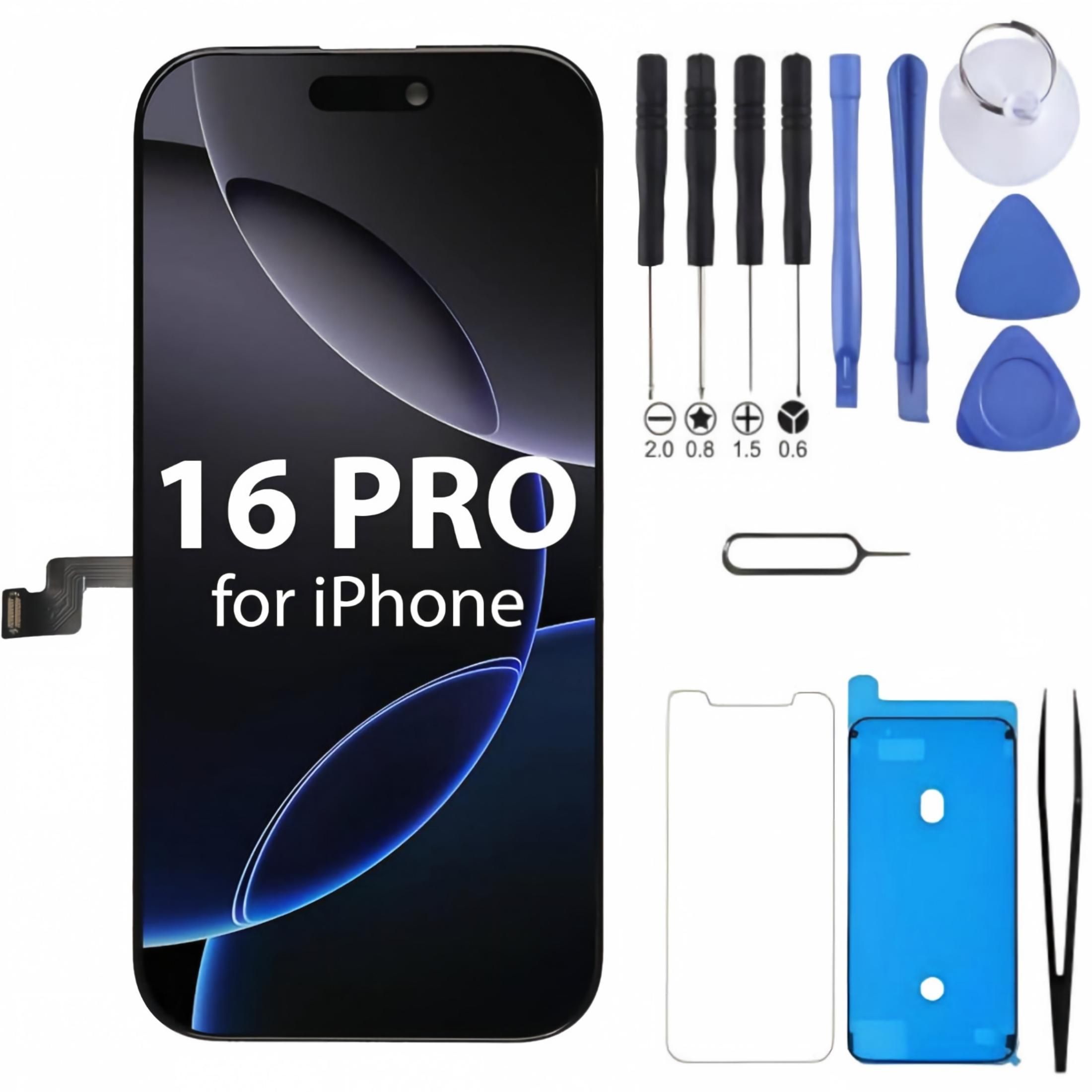 iPhone 16 Pro Screen Replacement, 6.3 Inch Incell LCD Display Touch Screen Digitizer, Comes with Full Repair Tool Kit and Tempered Glass Protector for iPhone