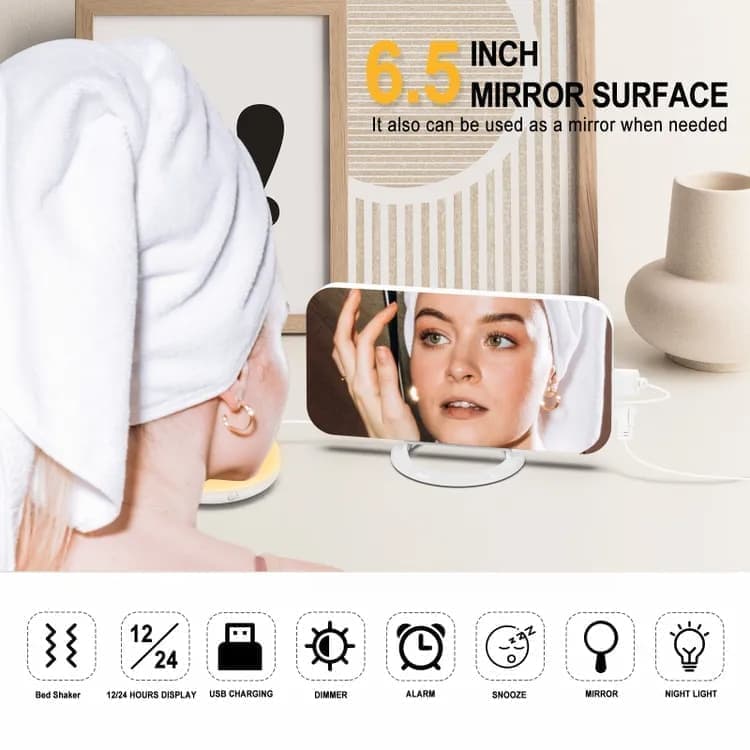 Digital Alarm Clock with Bed Shaker for Heavy Sleepers, LED Mirror Display, Compatible with Philips, Yellow — image 3