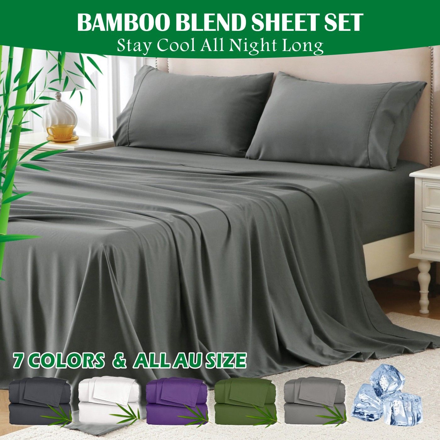 3 Piece Hotel Bamboo Cooling Sheet Set -Ultra Soft 2000TC Breathable Bed Sheets Set with 37 Centimetre Deep Pocket-Cooling Sheets for Hot Sleepers(Grey,King