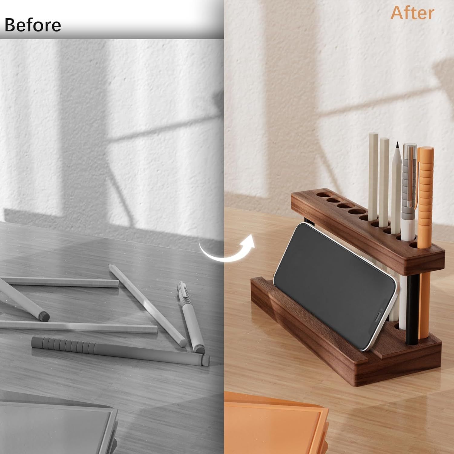 Pencil & Pen Holder for Desk, Solid Pen Display Stand with 9 Slots and Cell Phone Holder, Aesthetic Pen Organizer for Minimalist Office Desk Decor โ image 2