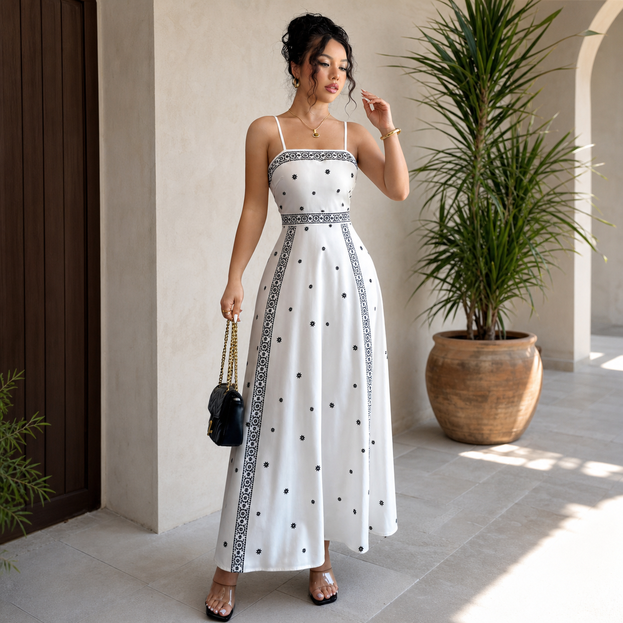 Women's White Boho Print Maxi Dress S Size - Stretch Polyester Fabric, Spaghetti Straps, Fitted Waist and A-Line Silhouette for Spring Summer Beach Vacations โ image 4