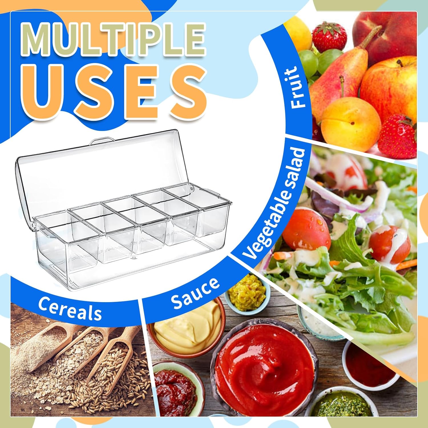 Large Ice Chilled Condiment Caddy,Chilled Condiment Containers Server with Lids for 5 Removable Compartments (2.5 cup),Serving Platters, Fruit & Garnish Tray — image 4