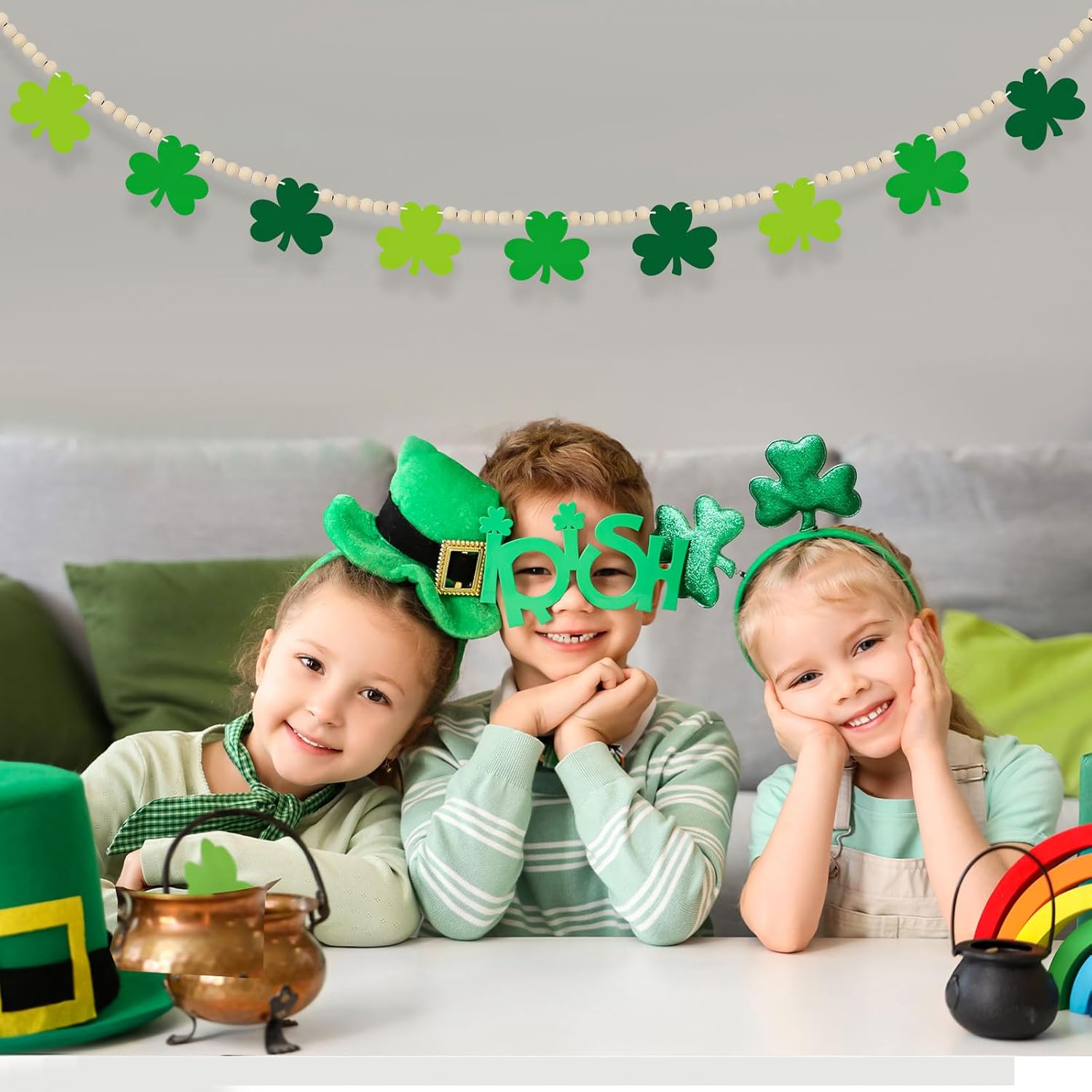 4.5 FT St.Patrick’s Day Shamrock Garland for Decorations, Wood Green Garland with Beads NO DIY, Clover St Patricks Banner Garlands for Mantle, Fireplace, Party — image 4