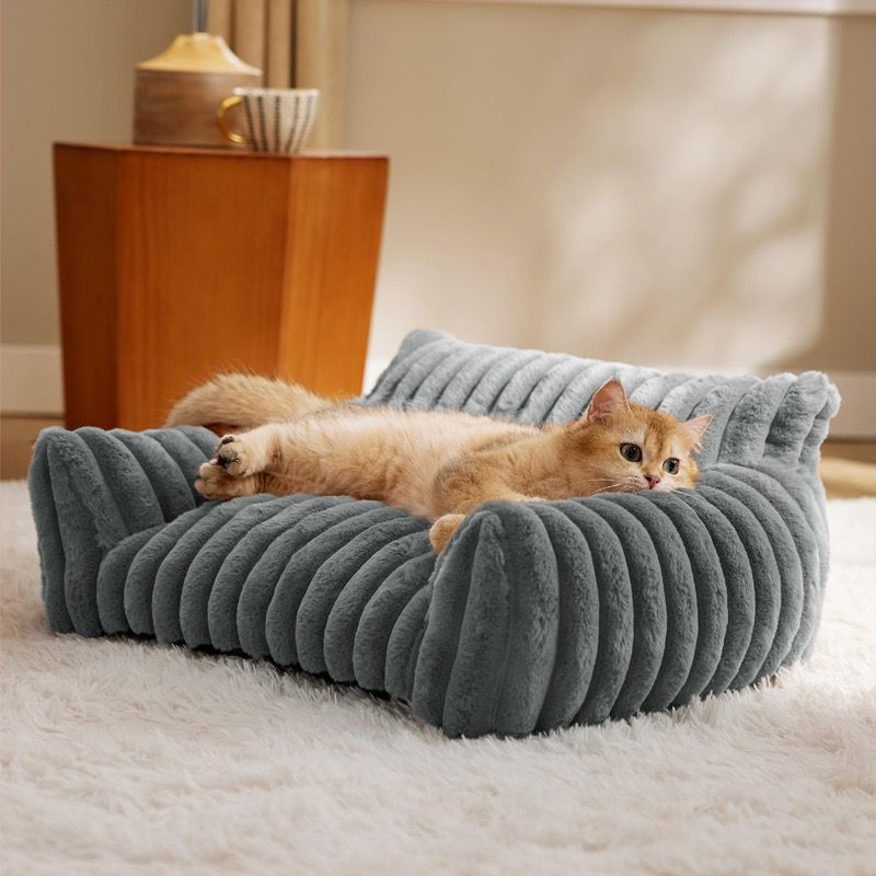 Luxurious Faux Rabbit Fur Plush Pet Sofa Bed with Bolster Sides, Removable Washable Cover and Deep Cushion for Cats and Small Dogs Seeking Ultimate