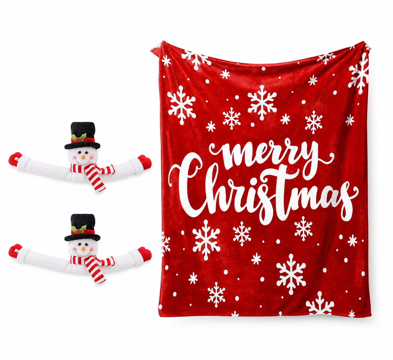 Christmas Flannel Throw Blanket and Snowman Curtain Tieback Set, 150 × 130cm Thick Fleece Sofa Blanket with 2 Plush Snowman Velcro Curtain Holders for Holiday