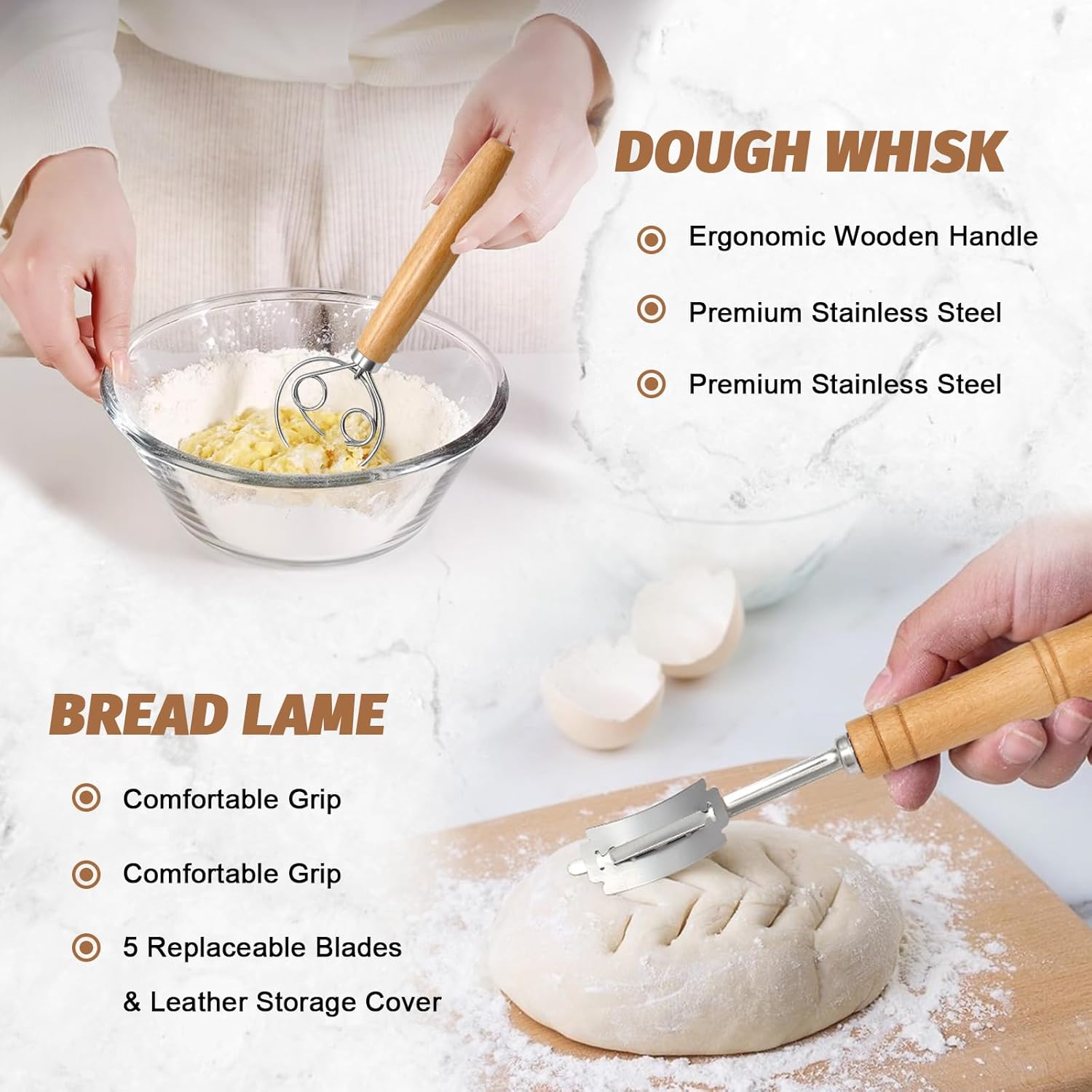 Sourdough Proofing Basket Gift Set, 9" Round and 10" Oval Banneton Bread Baking Supplies, Sourdough Baskets with Bread Lame, Danish Whish, Bowl Scraper โ image 3